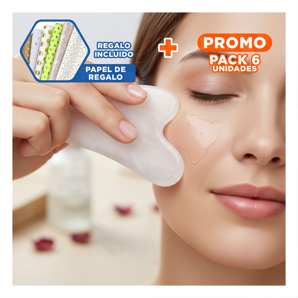 PACK6 CUIDADO FACIAL CON GUA SHA DE CUARZO BLANCO Y+PAPEL REGALO - 1