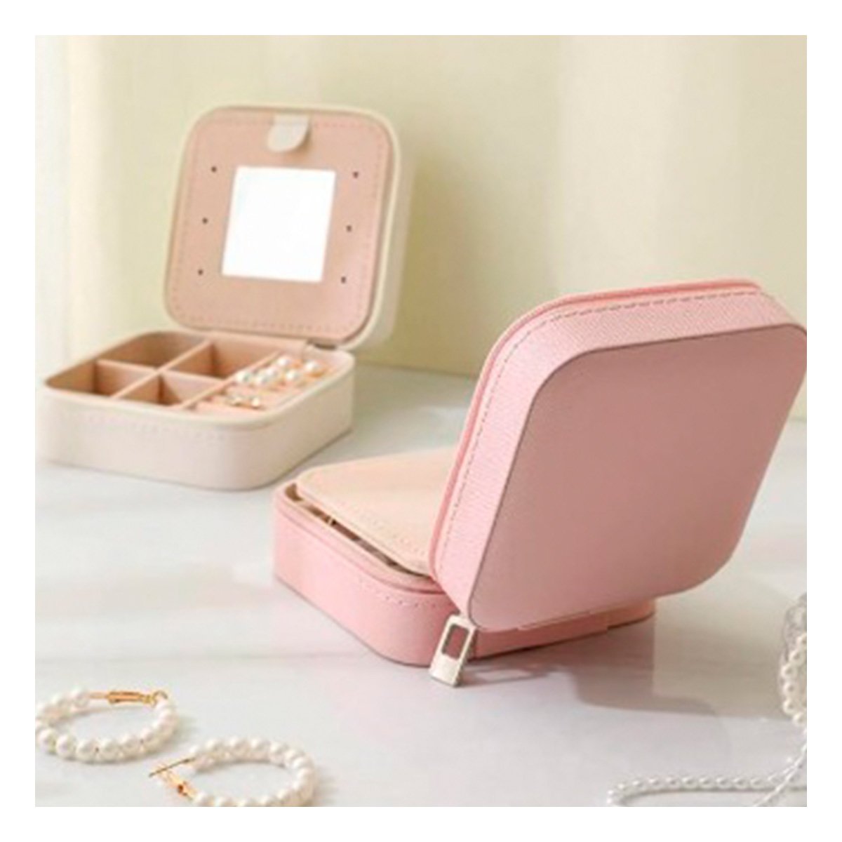 ORGANIZADOR DE VIAJE CON ESPEJO CUERO PU ROSADO PARA JOYAS Y+POST IT - 2