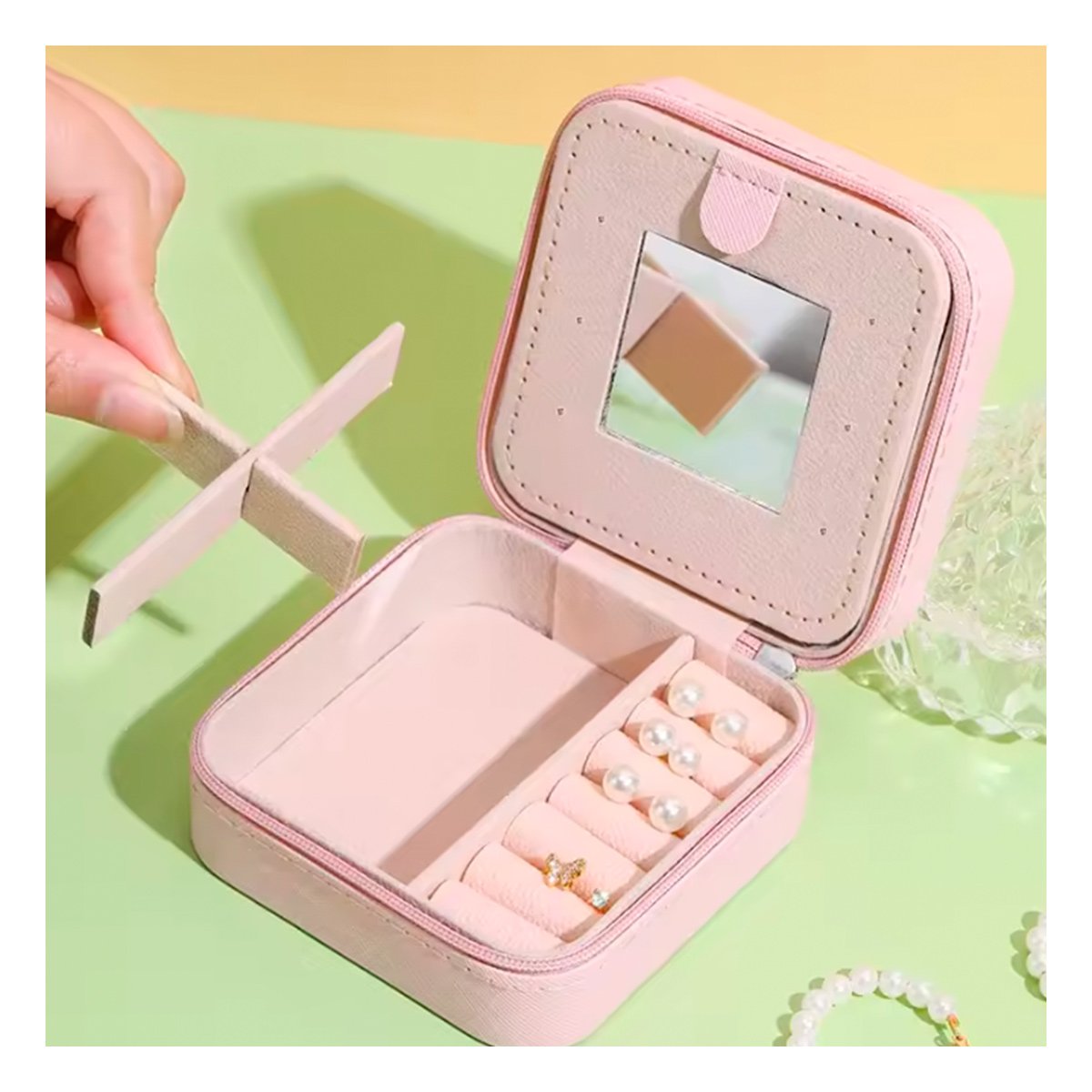 ORGANIZADOR DE VIAJE CON ESPEJO CUERO PU ROSADO PARA JOYAS Y+POST IT - 3