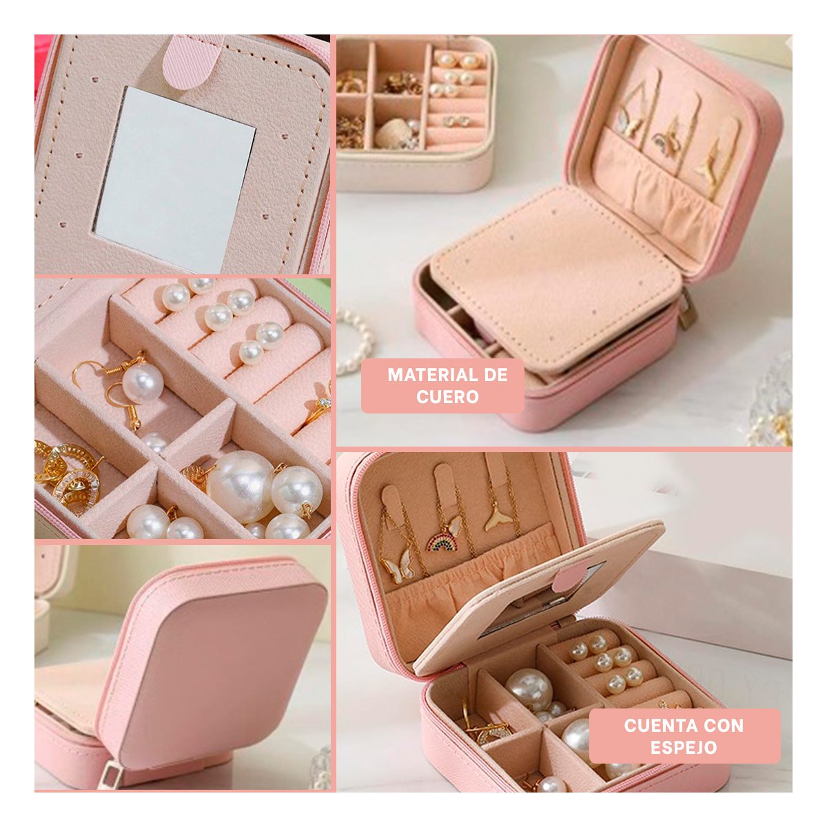 ORGANIZADOR DE VIAJE CON ESPEJO CUERO PU ROSADO PARA JOYAS Y+POST IT - 5