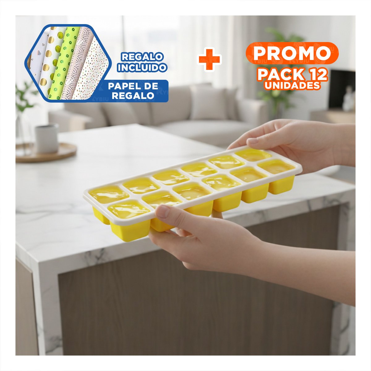 PACK12 DEPOSITO CREATIVO PARA CONGELADOR COCINA Y FIESTA AMARILLO Y+PAPEL REGALO - 1
