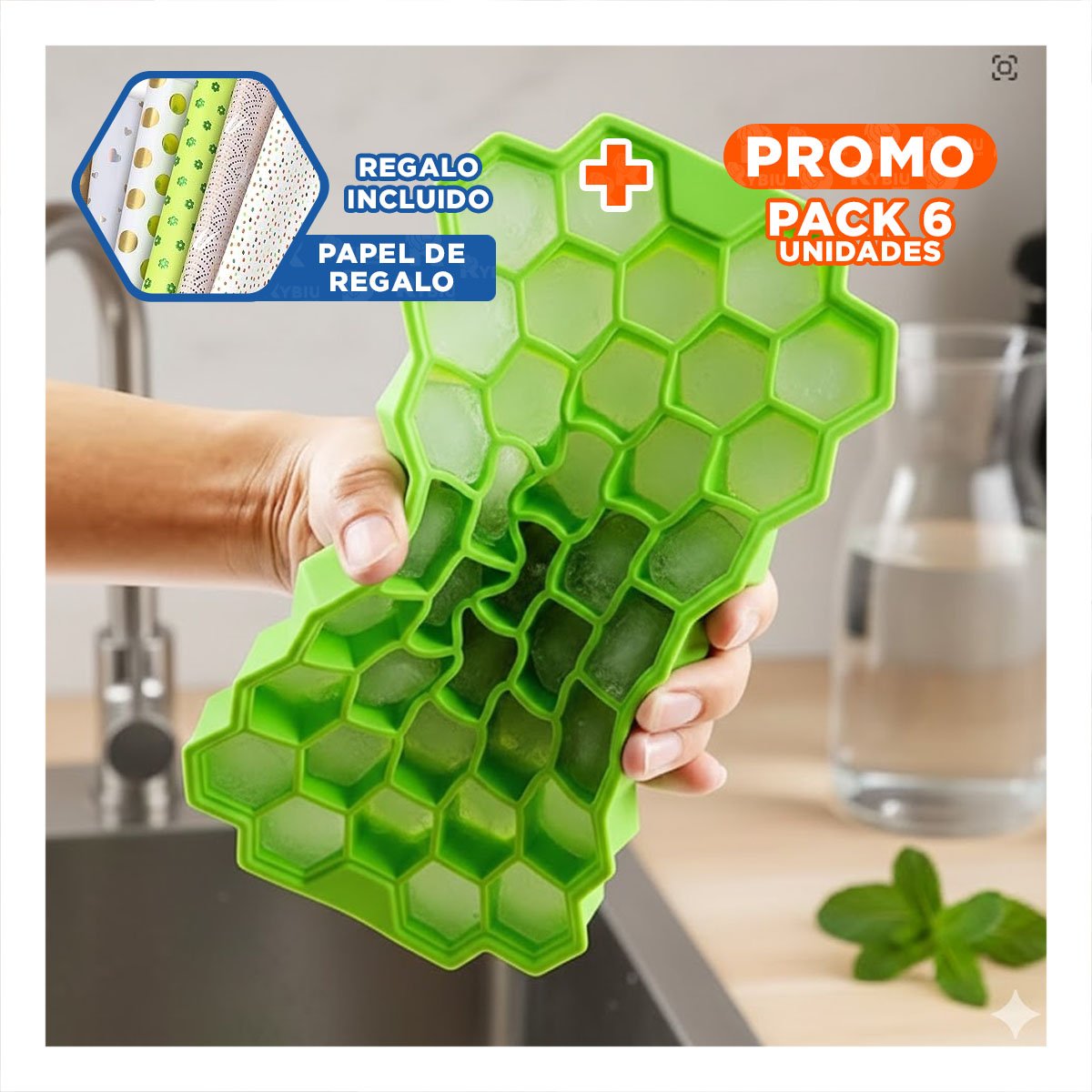 PACK6 BANDEJA DE HIELO CON SELLO VERDE 20,5X12CM PARA MAS SEGURIDAD Y+PAPEL REGALO - 1