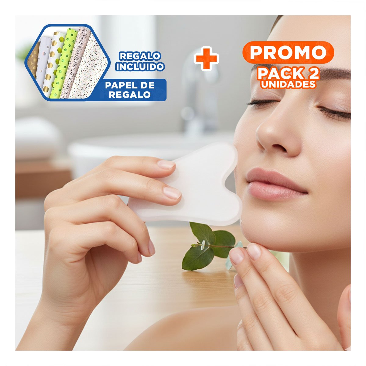 PACK2 PRESENTACION GUA SHA DE CUARZO PARA ROSTRO BLANCO Y+PAPEL REGALO - 1