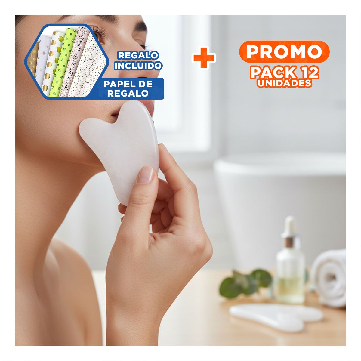 PACK12 TECNICA FACIAL CON GUA SHA DE CUARZO BLANCO Y+PAPEL REGALO - 1