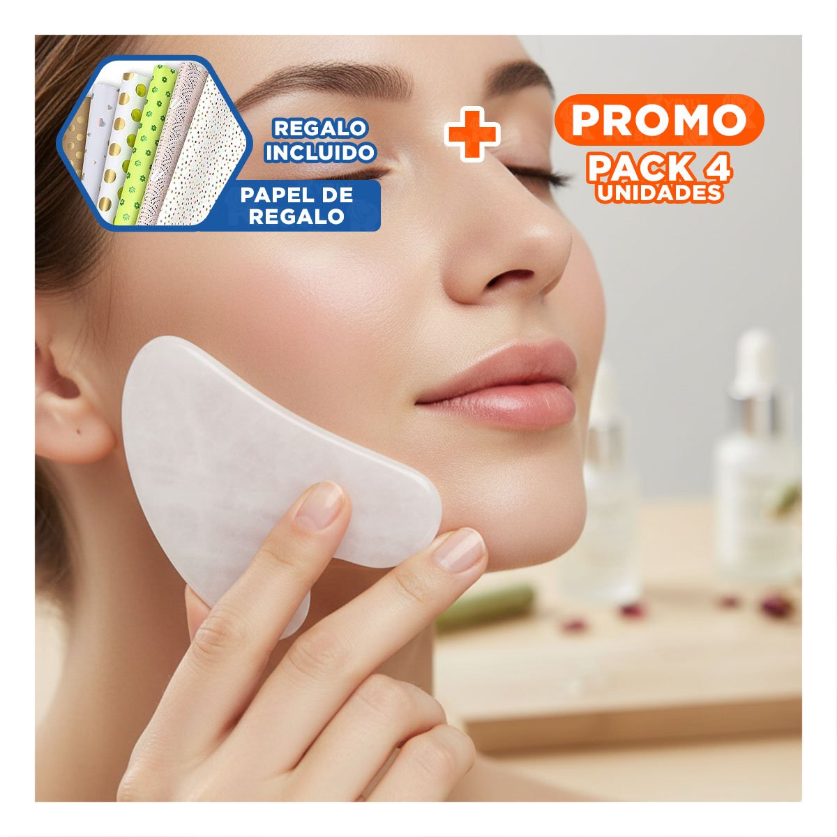 PACK4 HERRAMIENTA BLANCA DE CUARZO PARA ROSTRO TIPO GUA SHA Y+PAPEL REGALO - 1