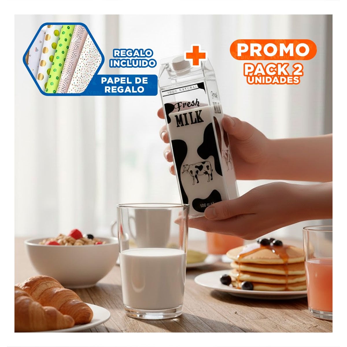 PACK2 BOTELLA DE LECHE NEGRO TRANSPARENTE DE TACTO SUAVE PARA SUS MANOS Y+PAPEL REGALO - 1