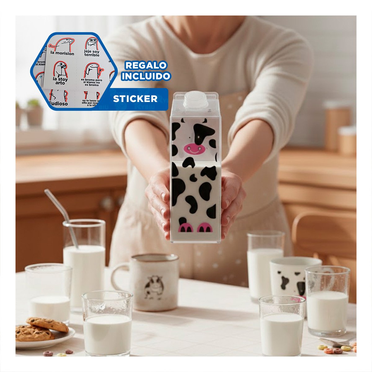 BOTELLA DE LECHE MANCHAS NEGRAS Y ROSADAS 1L PARA BRINDAR SABOR CON HIGIENE Y+REGALO STICKER - 1