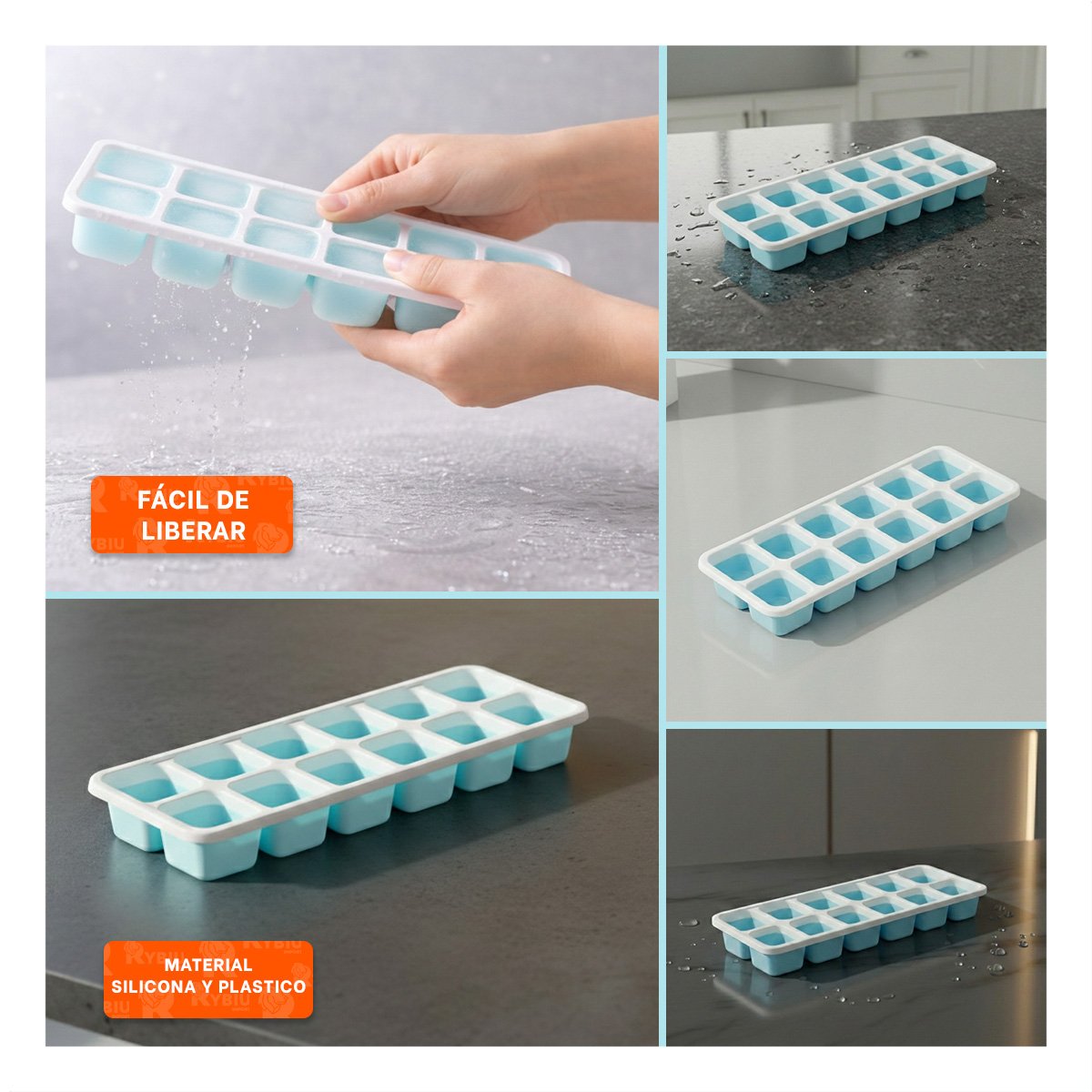 PACK4 DISPENSADOR DE CUBOS DE HIELO FACIL Y PRACTICO CELESTE Y+REGALO STICKER - 2