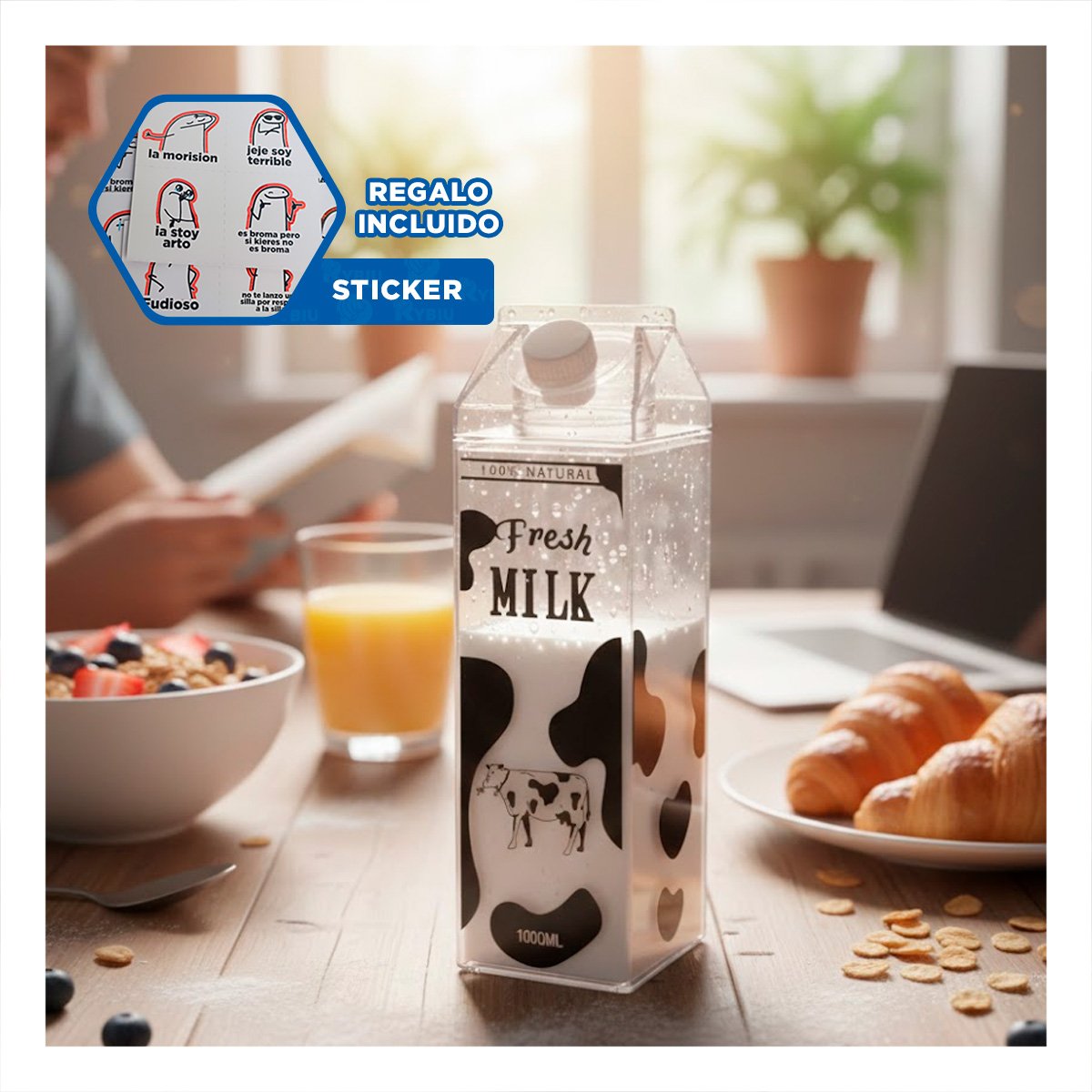 BOTELLA DE LECHE NEGRO TRANSPARENTE PARA BRINDAR SABOR CON HIGIENE Y+REGALO STICKER - 1