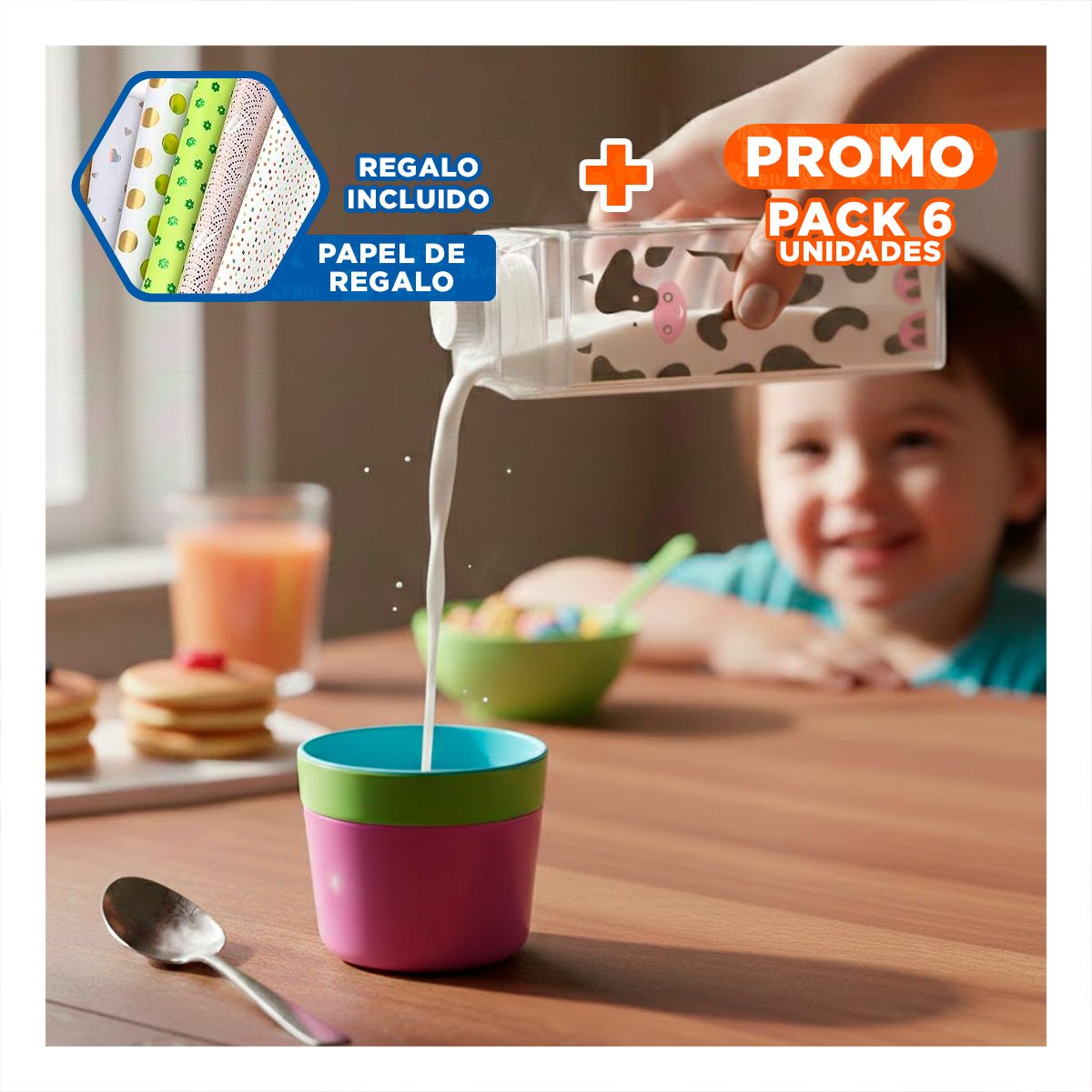 PACK6 RECIPIENTE DE MESA MANCHAS NEGRAS Y ROSADAS 1L CON SELLO PARA SEGURIDAD Y+PAPEL REGALO - 1