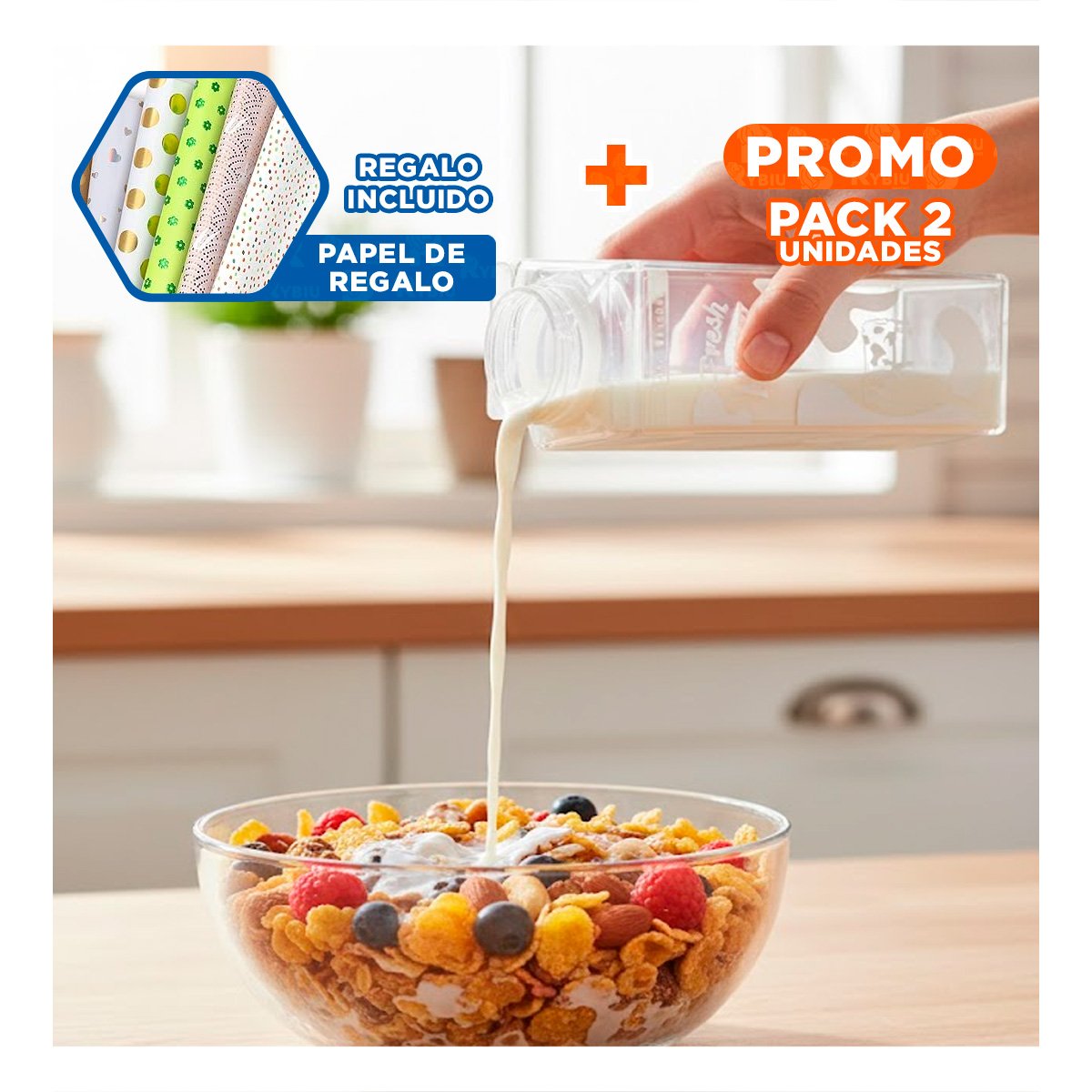 PACK2 BOTELLA DE LECHE BLANCO TRANSPARENTE 1L DE TACTO SUAVE PARA SUS MANOS Y+PAPEL REGALO - 1