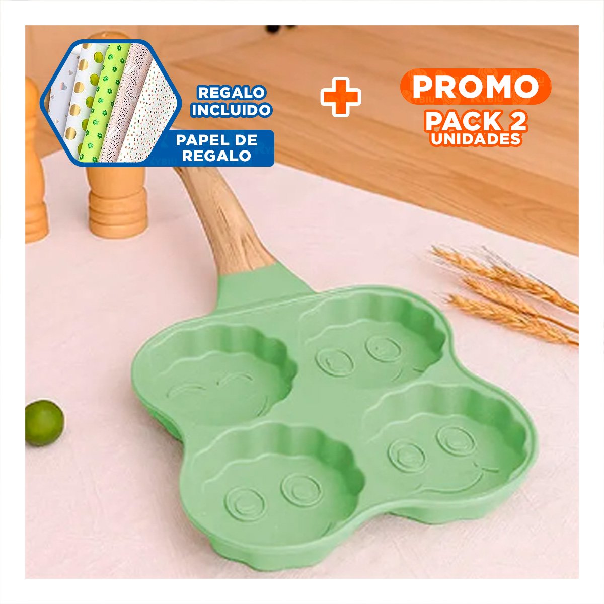 PACK2 RECEPTACULO ANTIADHERENTE PARA COCINA RAPIDA Y DESAYUNOS VERDE Y+PAPEL REGALO - 1