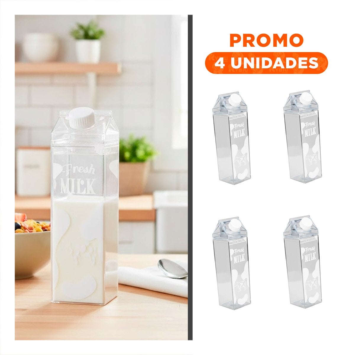 PACK4 BOTELLA DE LECHE BLANCO TRANSPARENTE 1L DE CALIDAD ROBUSTA PARA NEVERA Y+REGALO STICKER - 1