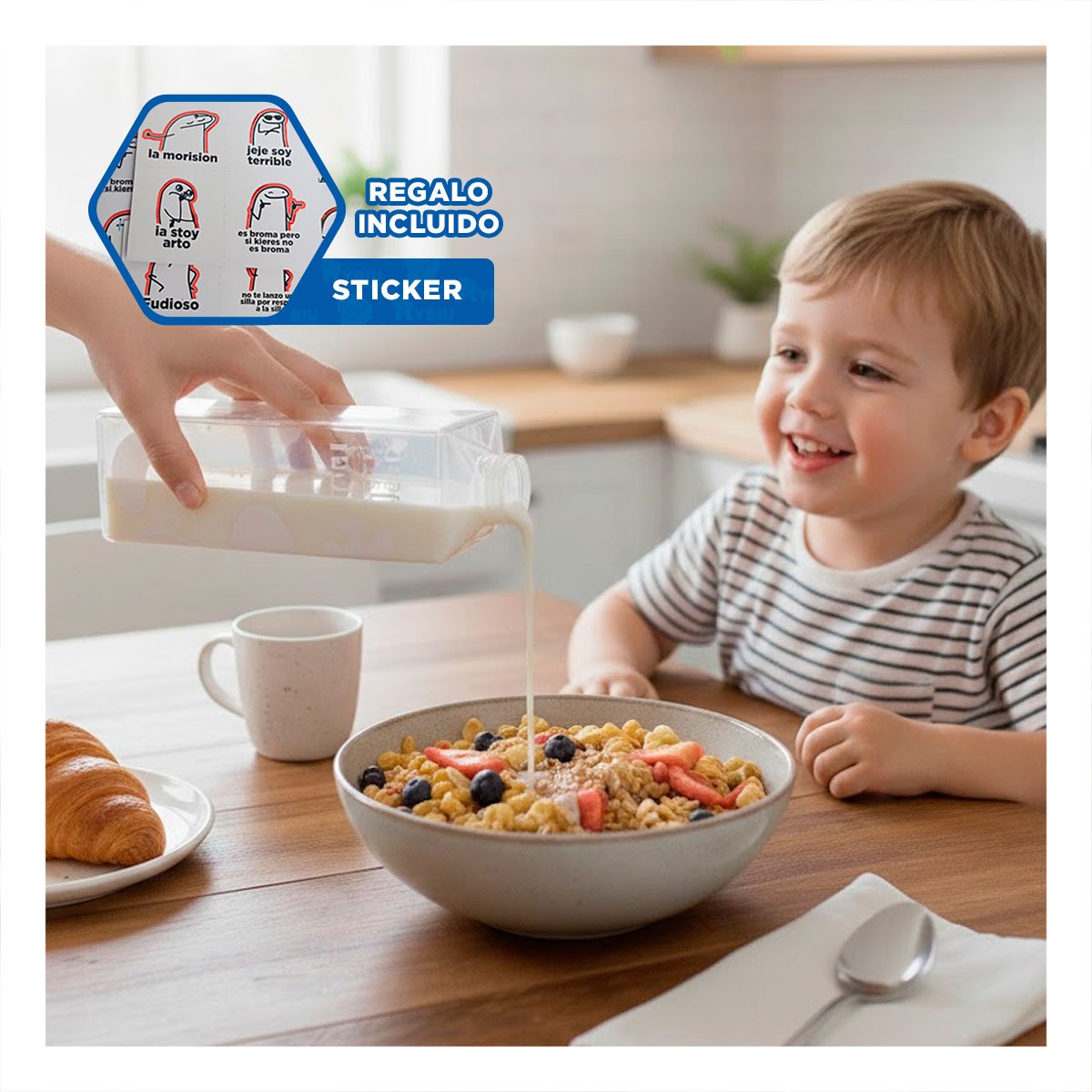 BOTELLA DE LECHE BLANCO TRANSPARENTE 1L PARA BRINDAR SABOR CON HIGIENE Y+REGALO STICKER - 1