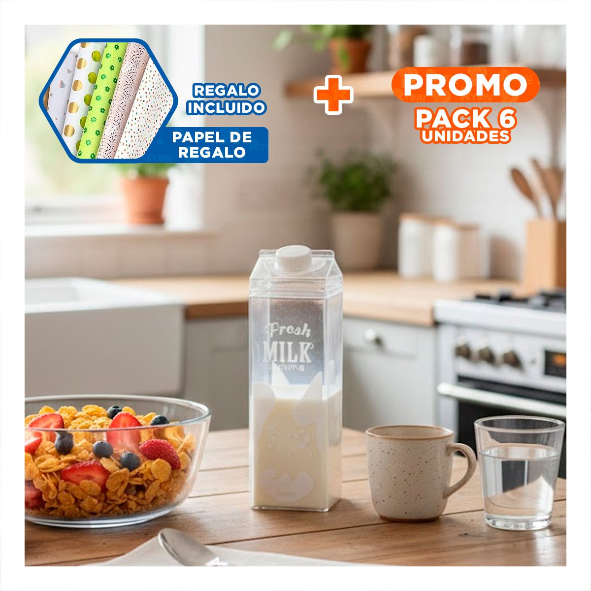 PACK6 RECIPIENTE DE MESA BLANCO TRANSPARENTE 1L CON SELLO PARA MAS SEGURIDAD Y+PAPEL REGALO - 1