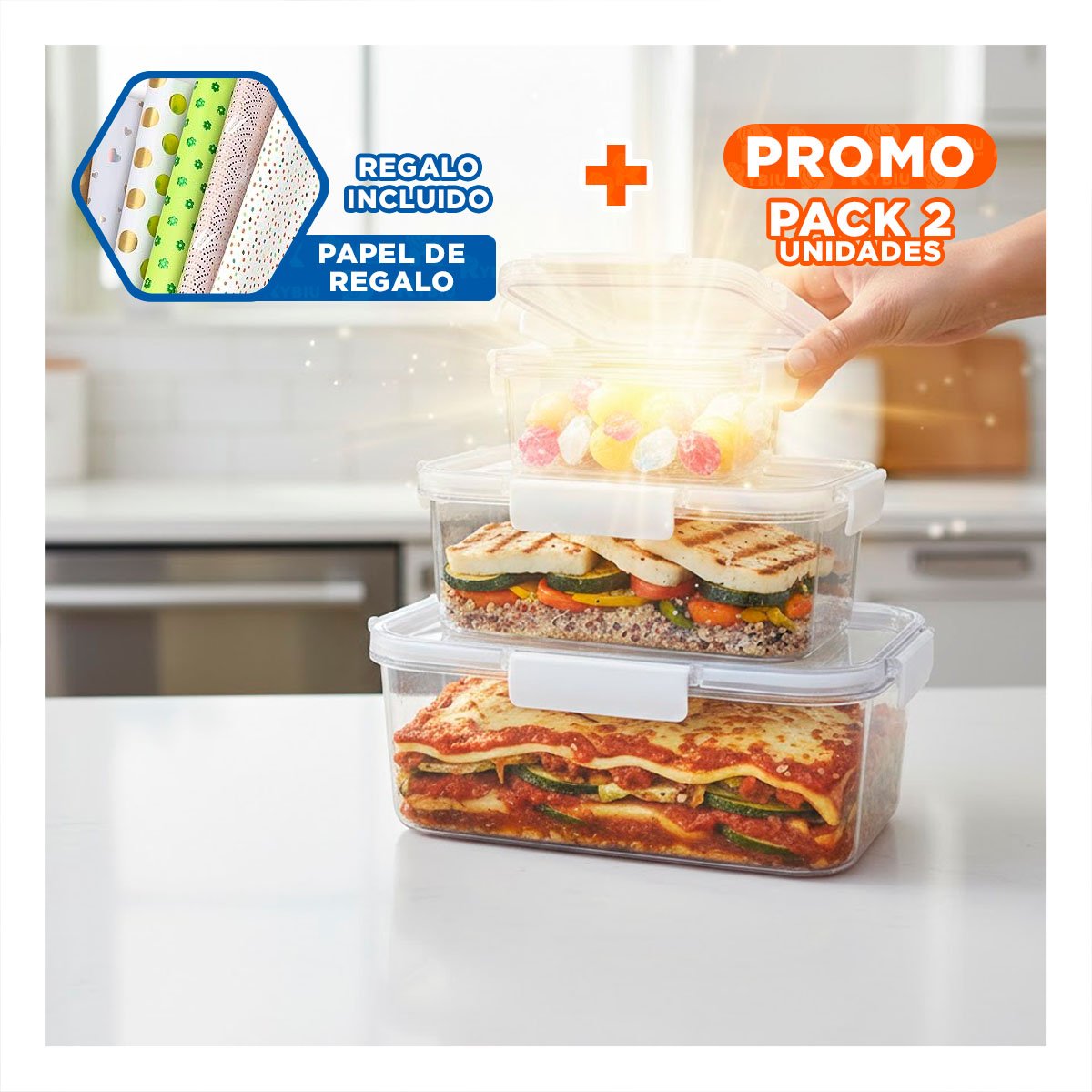 PACK2 SET HERMETICO PARA GUARDAR COMIDA EN TRES CAPACIDADES TRANSPARENTE Y+PAPEL REGALO - 1