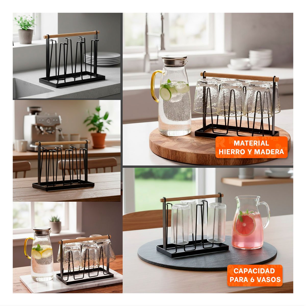 SOPORTE DE METAL PORTA TAZAS 6 RAMAS NEGRO CON MANGO Y+POST IT - 1