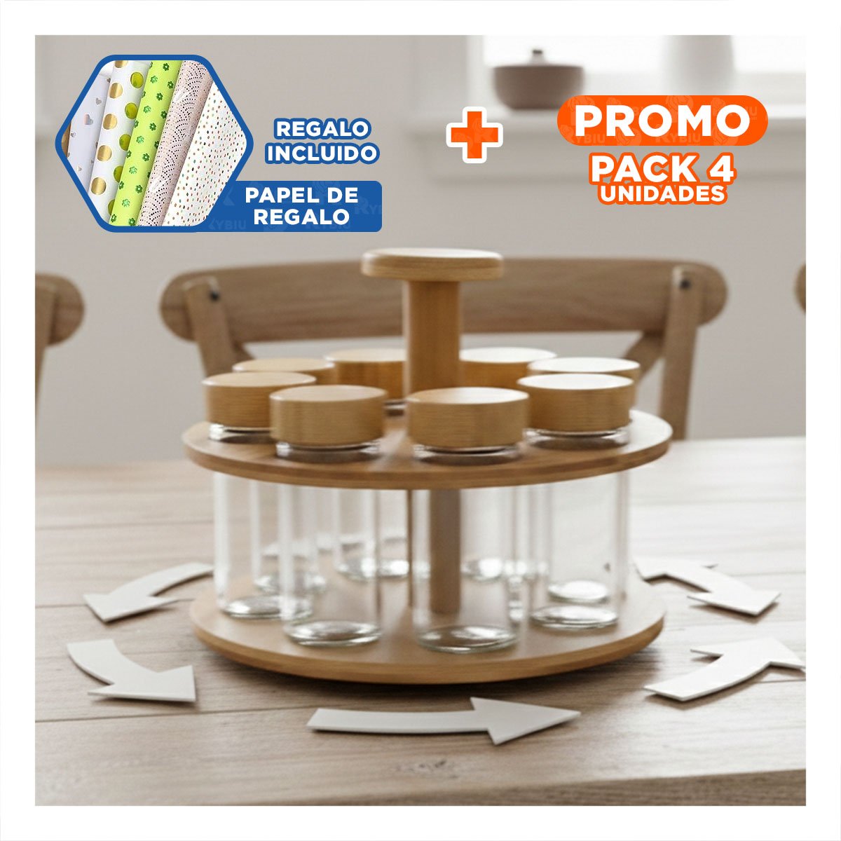 PACK4 ORGANIZADOR CON 8 FRASCOS QUE AHORRA ESPACIO EN COCINA Y+PAPEL REGALO - 1