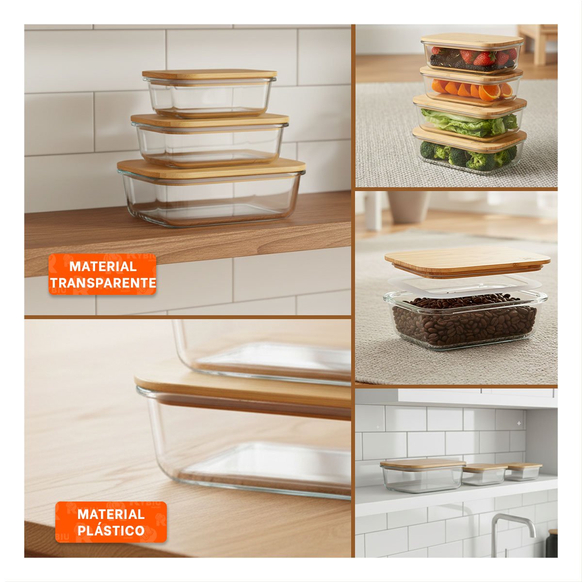 DEPOSITOS RECTANGULARES CON TAPA DE BAMBU PARA HOGAR 370ML 640ML 1040ML TRANSPARENTE - 5