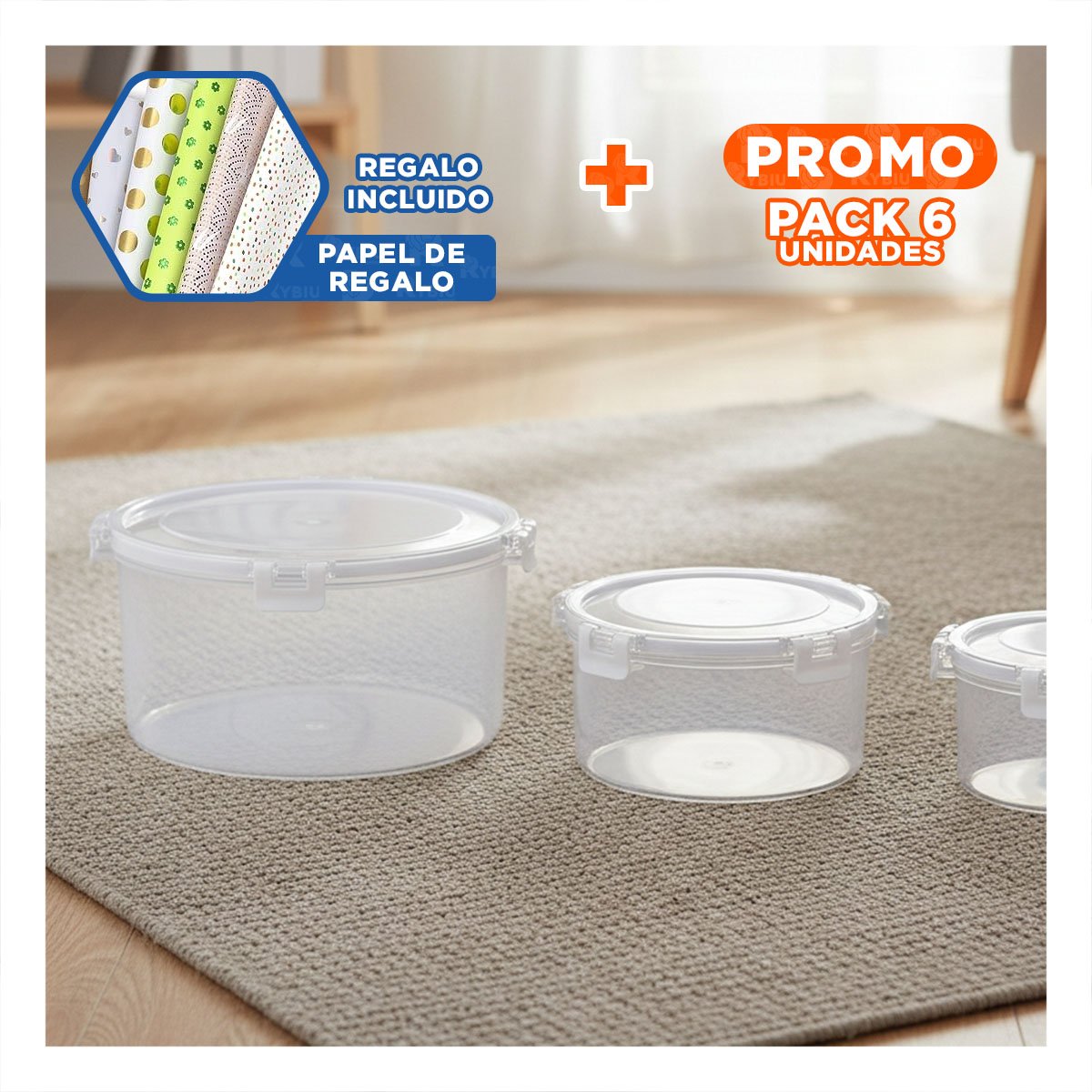 PACK6 BOWLS PLASTICOS PARA GUARDAR COMIDA TRANSPARENTE Y+PAPEL REGALO - 1