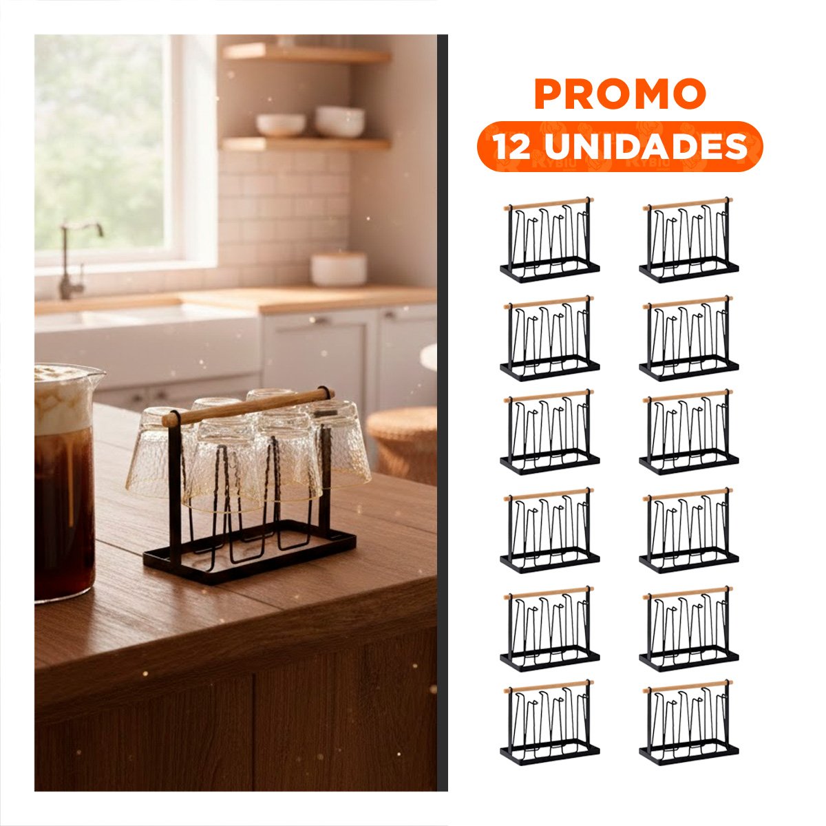 PACK12 PORTA VASOS MINIMALISTA 6 RAMAS NEGRO MANGO MADERA Y+REGALO STICKER - 1