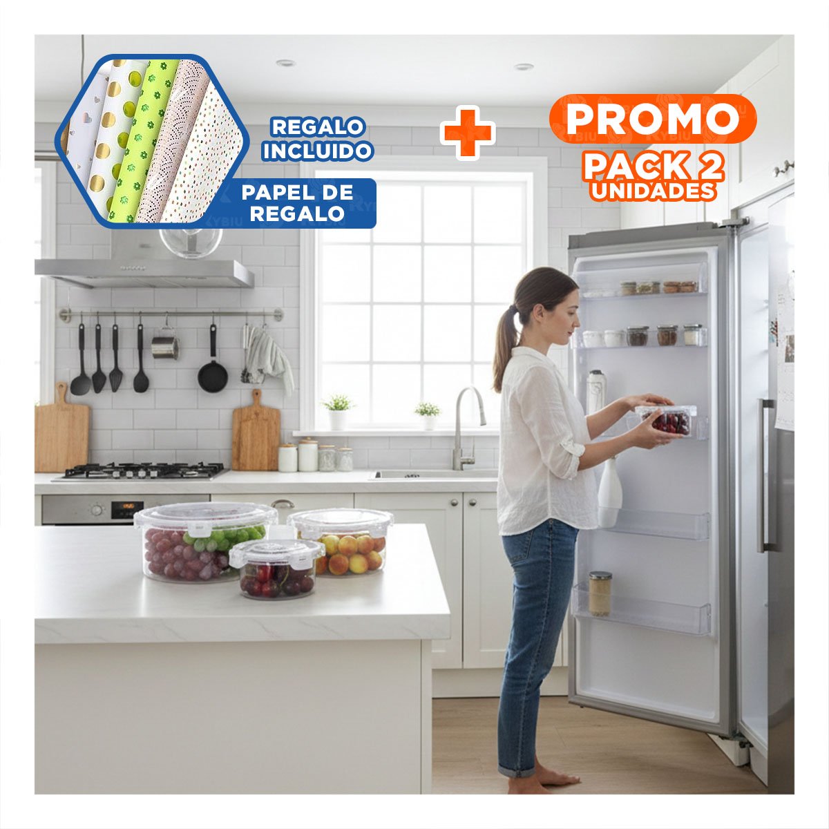 PACK2 DEPOSITOS REDONDOS PARA CONSERVAR FRESCURA NATURAL TRANSPARENTE Y+PAPEL REGALO - 1