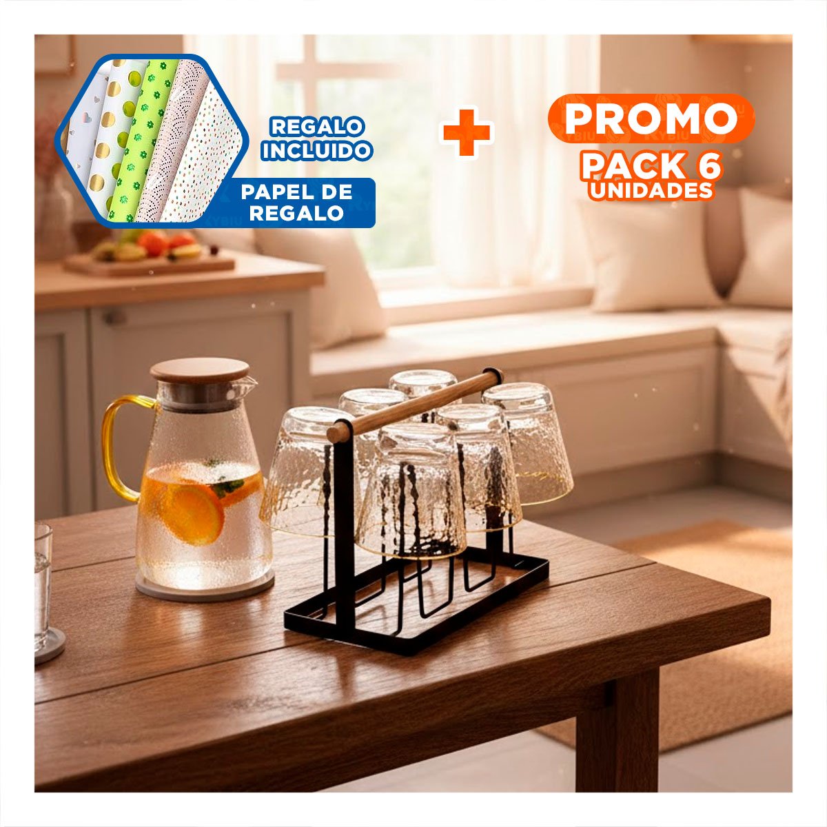 PACK6 PORTA VASOS PARA COCINA 6 RAMAS NEGRO MANGO MADERA Y+PAPEL REGALO - 1