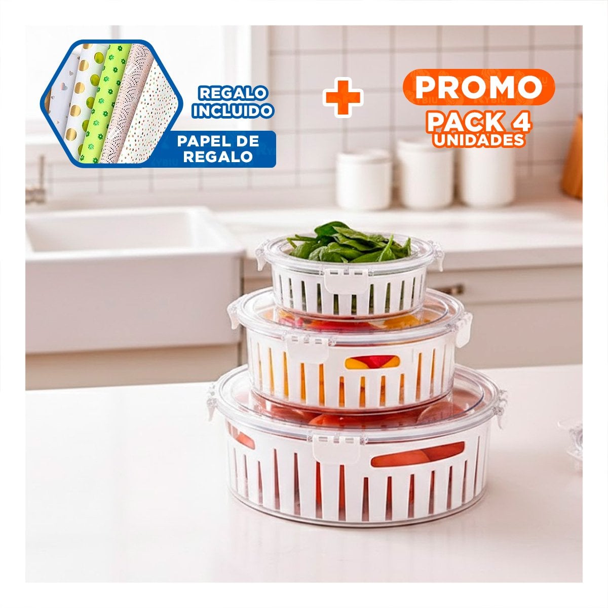 PACK4 ESCURREPLATOS DE COCINA CON FORMA CIRCULAR PARA USO DIARIO TRANSPARENTE Y+PAPEL REGALO - 1
