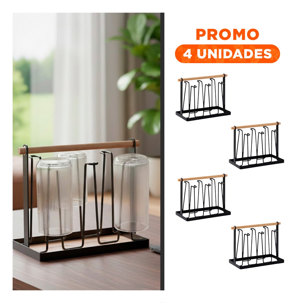 PACK4 EXHIBIDOR PORTA VASOS 6 RAMAS NEGRO CON MANGO Y+REGALO STICKER - 1