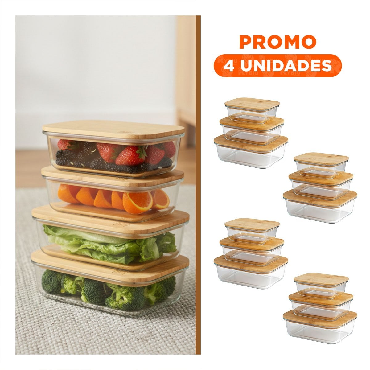 PACK4 ORGANIZADORES RECTANGULAR CON TAPA BAMBU 370ML 640ML 1040ML TRANSPARENTE Y+REGALO STICKER - 1
