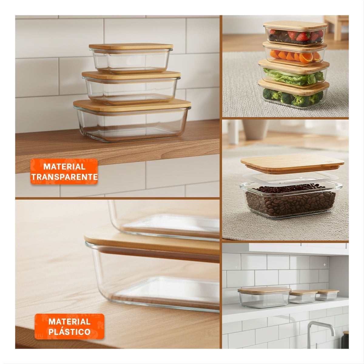 PACK4 ORGANIZADORES RECTANGULAR CON TAPA BAMBU 370ML 640ML 1040ML TRANSPARENTE Y+REGALO STICKER - 2