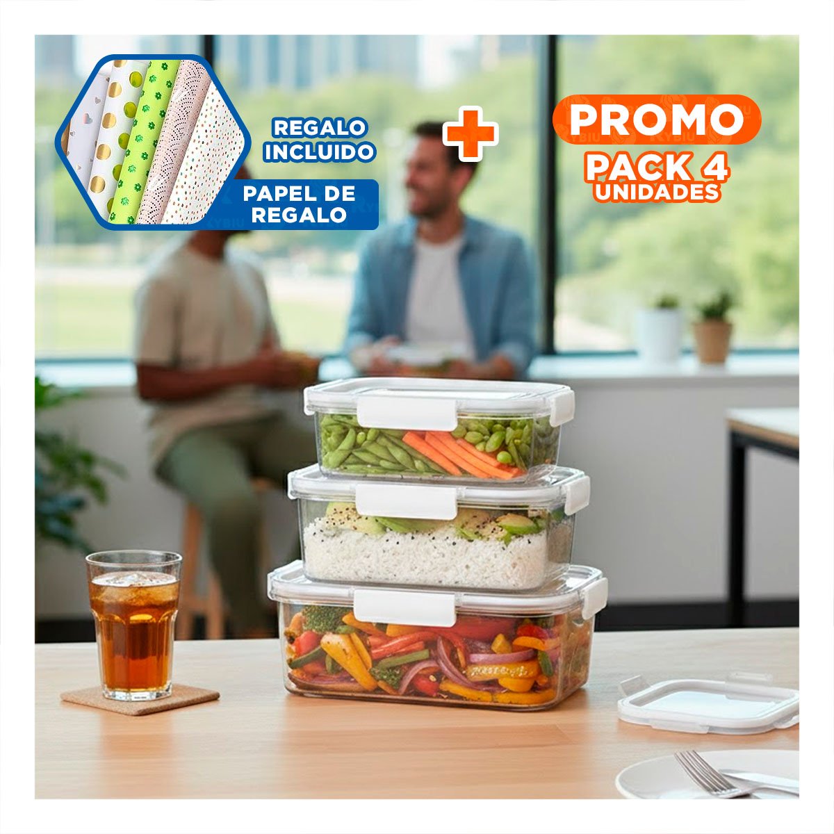 PACK4 SET DE CONTENEDORES RECTANGULARES PARA HOGAR Y OFICINA TRANSPARENTE Y+PAPEL REGALO - 1