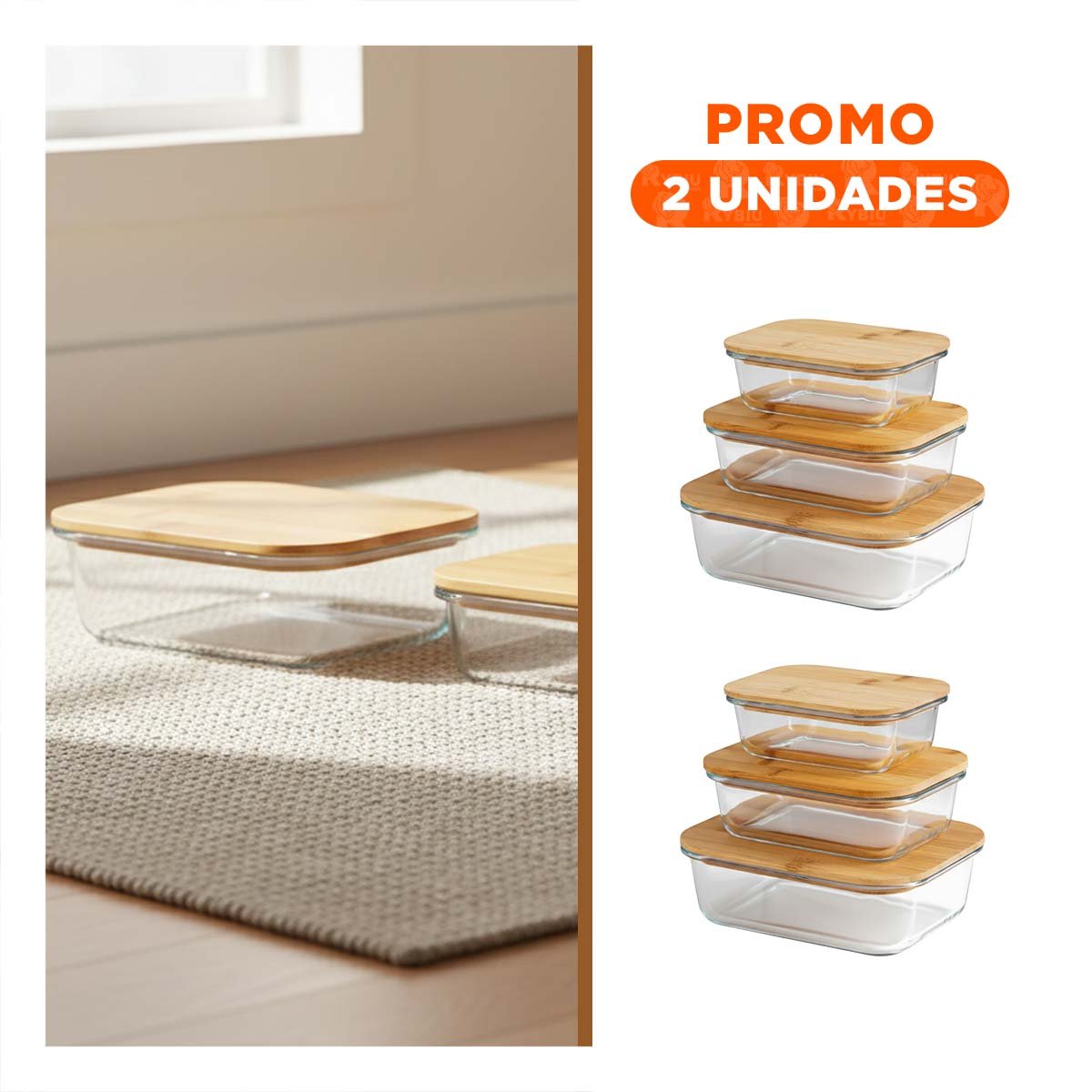 PACK2 TAPERS RECTANGULARES CON TAPA DE BAMBU PARA ALIMENTOS 370ML 640ML 1040ML TRANSPARENTE - 1