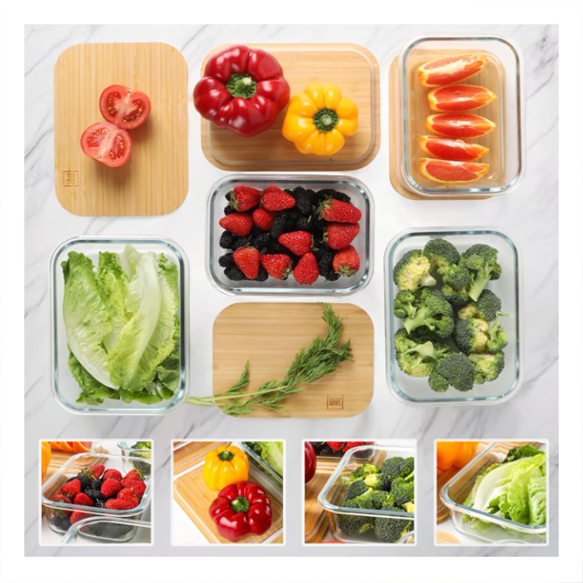 PACK2 TAPERS RECTANGULARES CON TAPA DE BAMBU PARA ALIMENTOS 370ML 640ML 1040ML TRANSPARENTE - 2
