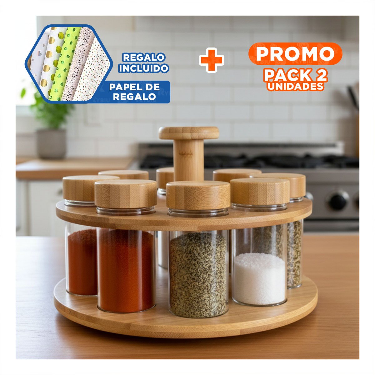PACK2 ORGANIZADOR CON 8 FRASCOS QUE FACILITA COCINAR SIN DESORDEN Y+PAPEL REGALO - 1