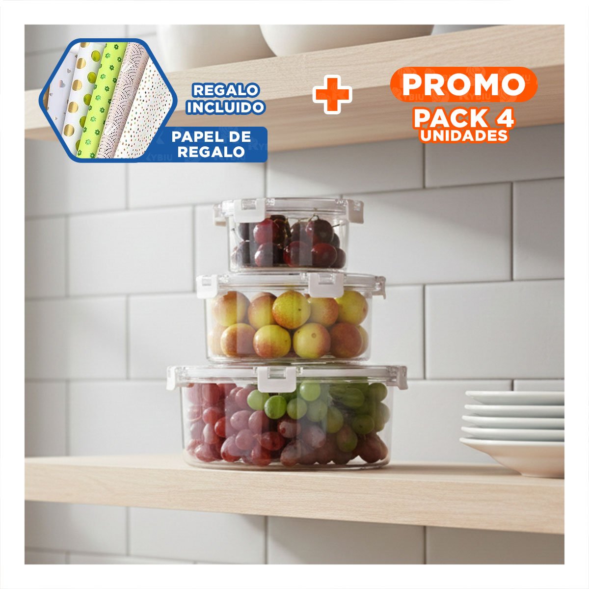 PACK4 DEPOSITOS MULTIUSO PARA REFRIGERADORA Y LONCHERA TRANSPARENTE Y+PAPEL REGALO - 1