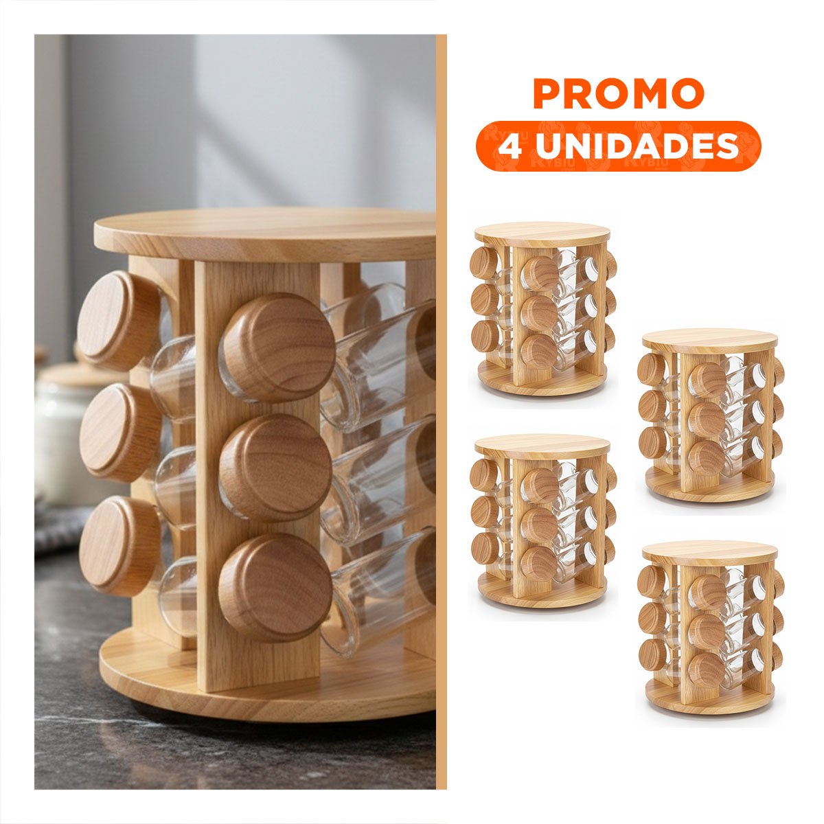 PACK4 CONDIMENTERO GIRATORIO CIRCULAR 12 FRASCOS ESTILO MADERA Y+REGALO STICKER - 1