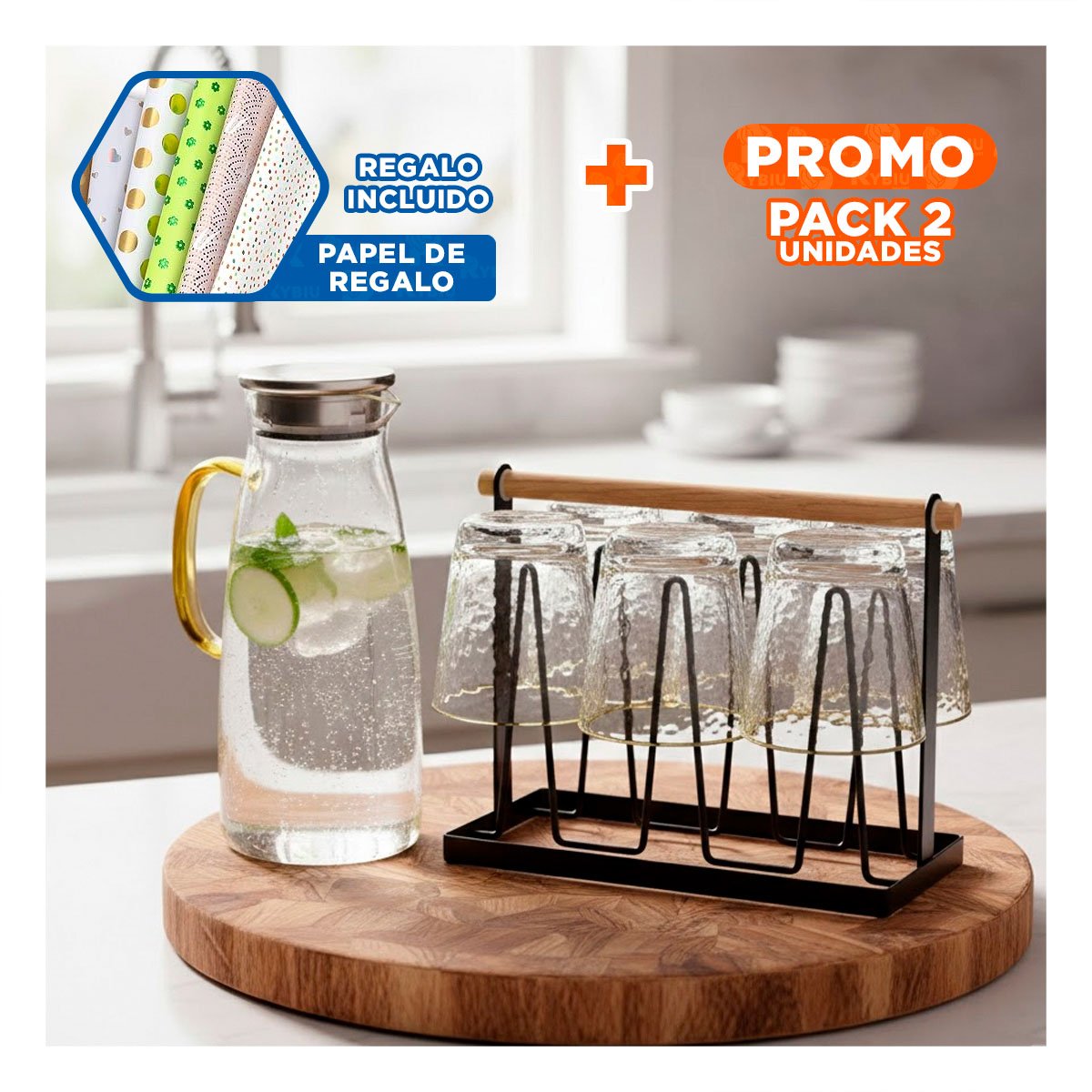 PACK2 ORGANIZADOR PORTA VASOS METAL NEGRO 6 RAMAS CON MANGO Y+PAPEL REGALO - 1