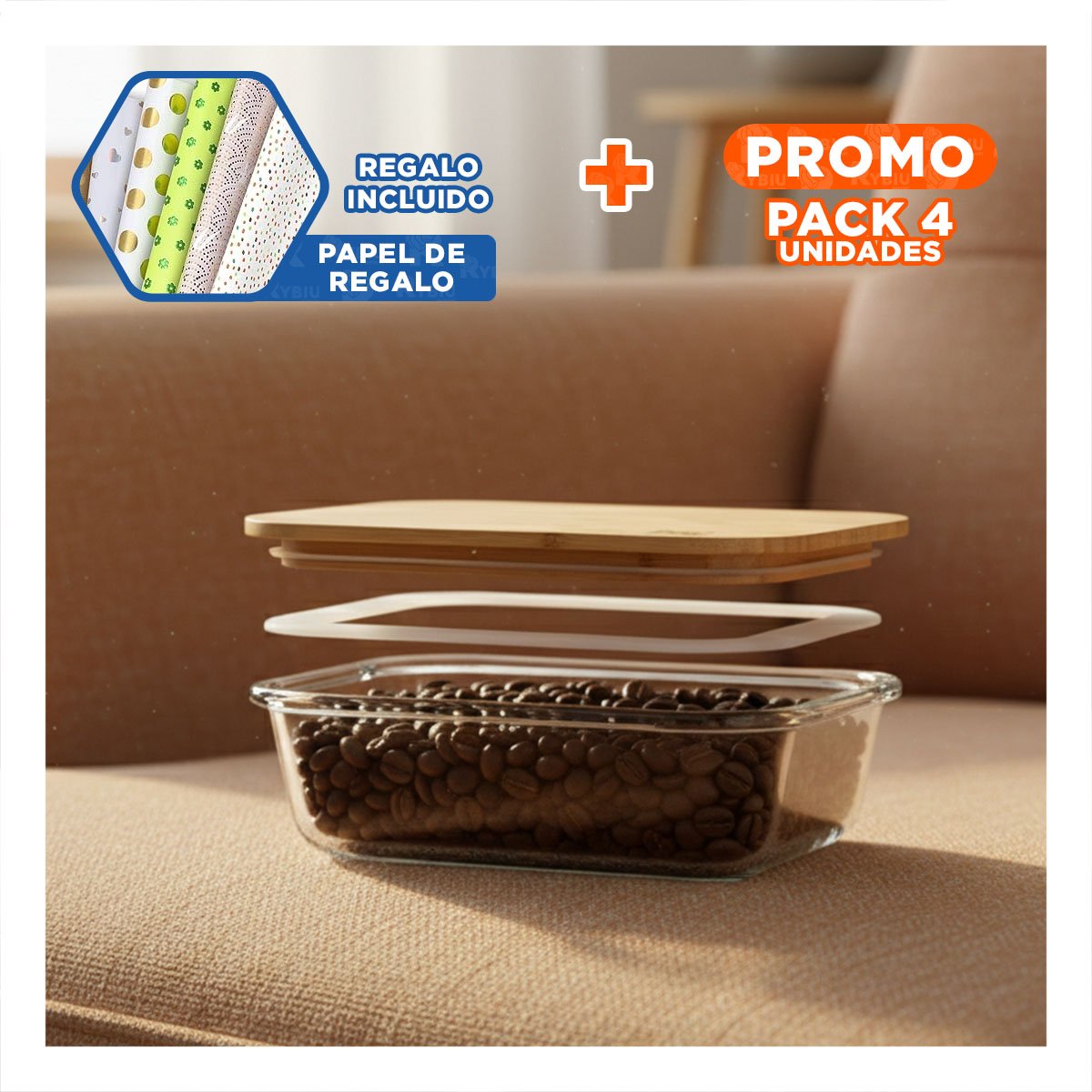 PACK4 TAPERS RESISTENTES CON DISEÑO MODERNO 370ML 640ML 1040ML TRANSPARENTE Y+PAPEL REGALO - 1