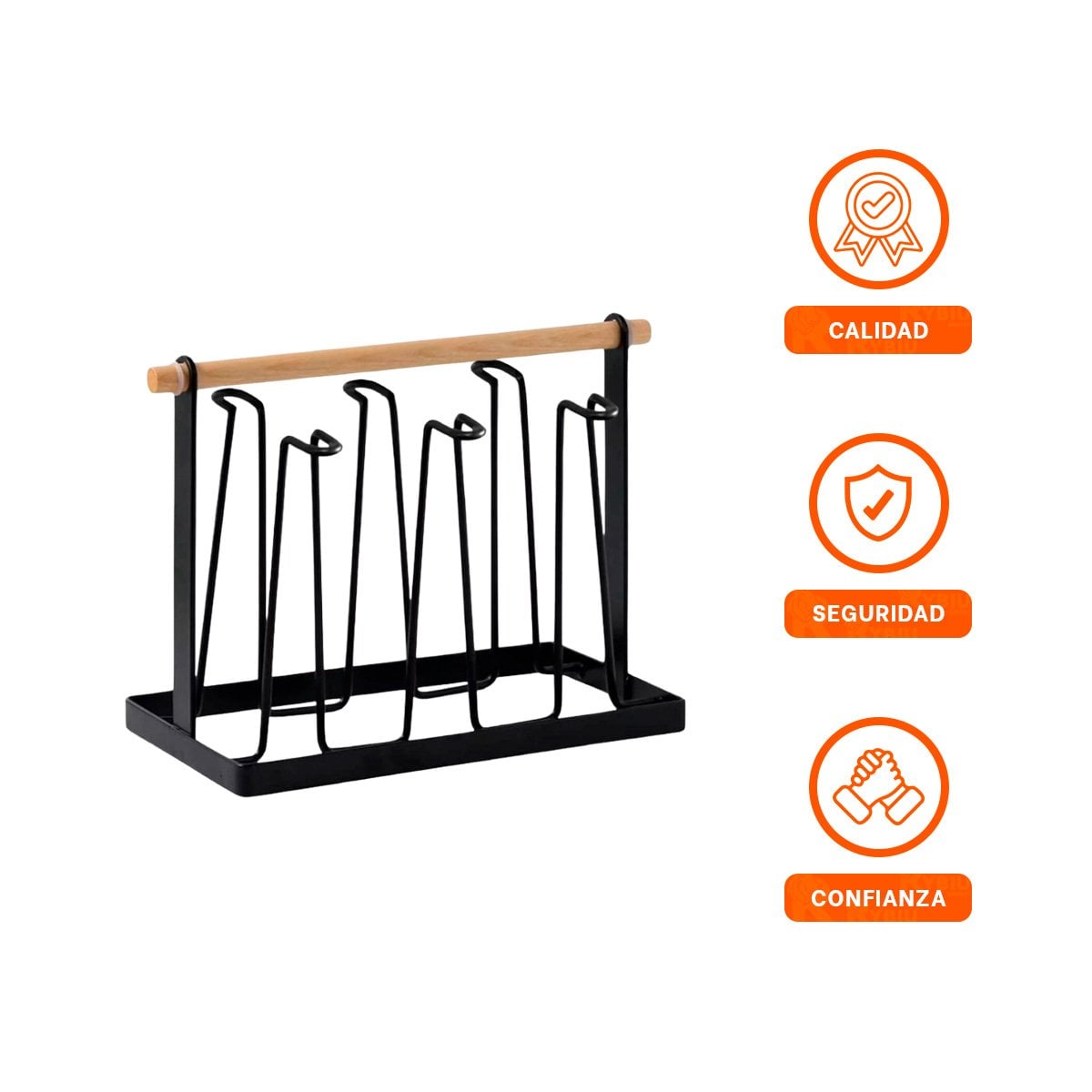 SOPORTE PARA TAZAS 6 RAMAS NEGRO CON MANGO MADERA NATURAL - 3