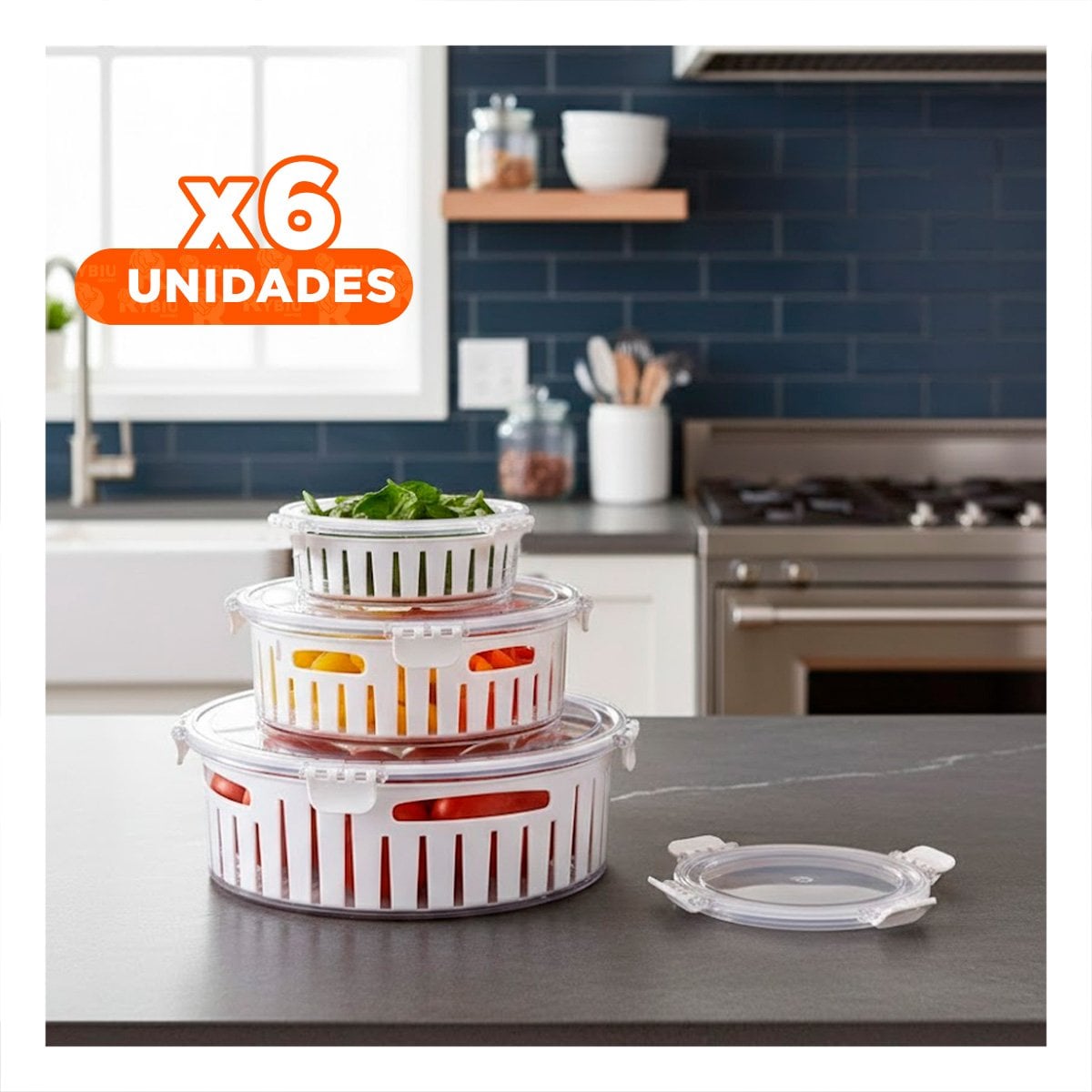 PACK6 SOPORTE FUNCIONAL PARA VERDURAS, FRUTAS Y PASTAS FRESCAS TRANSPARENTE Y+REGALO STICKER - 1