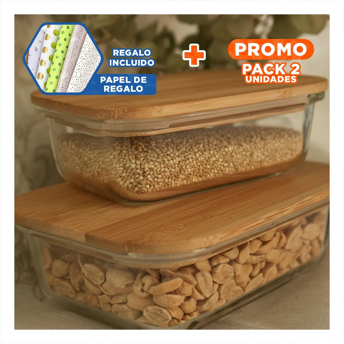PACK2 TAPERS CON ESTILO NATURAL PARA COCINA 370ML 640ML 1040ML TRANSPARENTE Y+PAPEL REGALO - 1