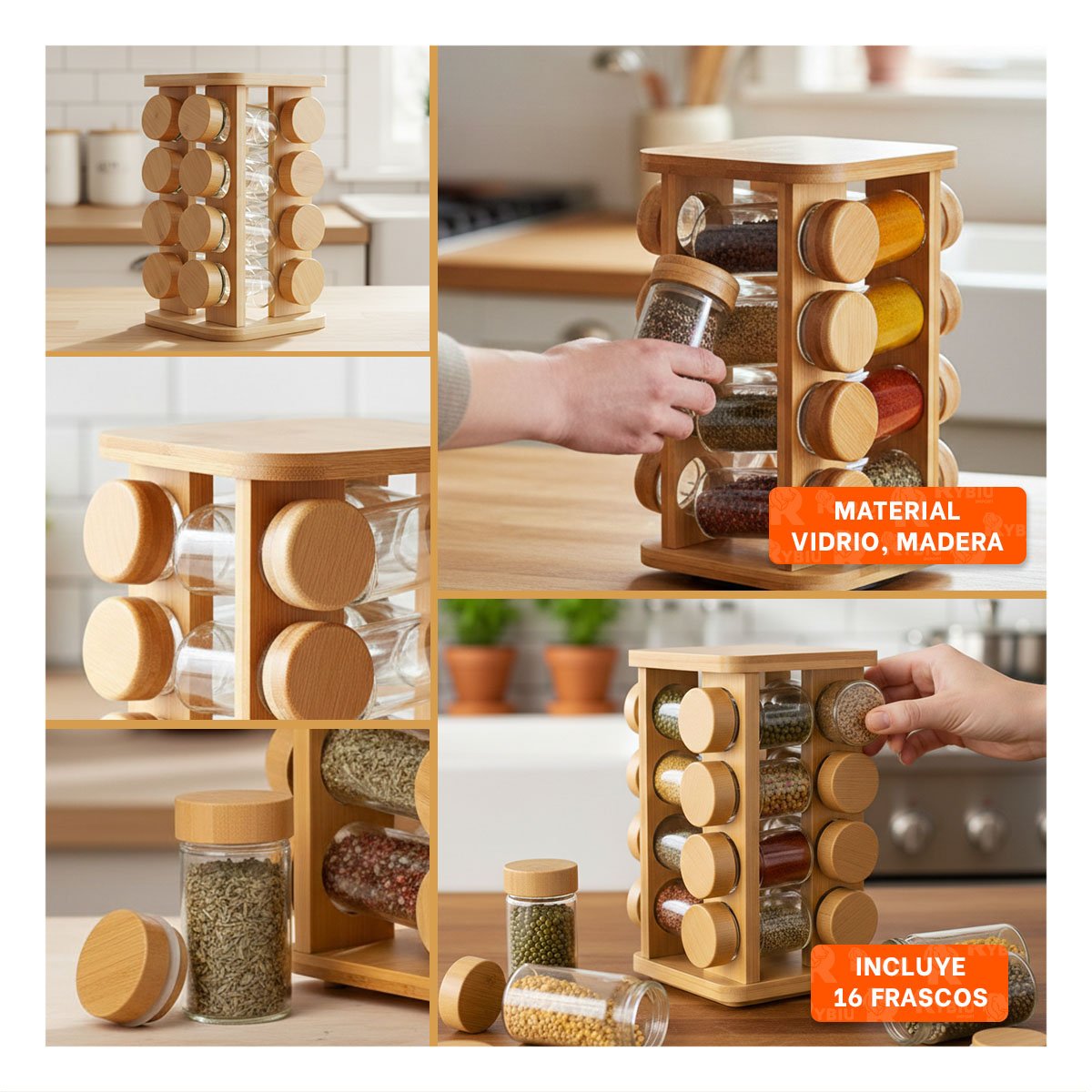 ESPECIERO FUNCIONAL CUADRADO CON 16 RECIPIENTES PARA SAZONADORES Y+POST IT - 1