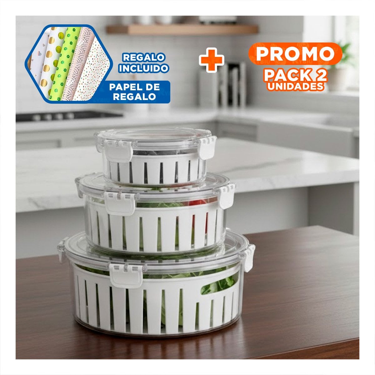PACK2 ESCURREPLATOS COMPACTOS APILABLES PARA ALIMENTOS FRESCOS TRANSPARENTE Y+PAPEL REGALO - 1