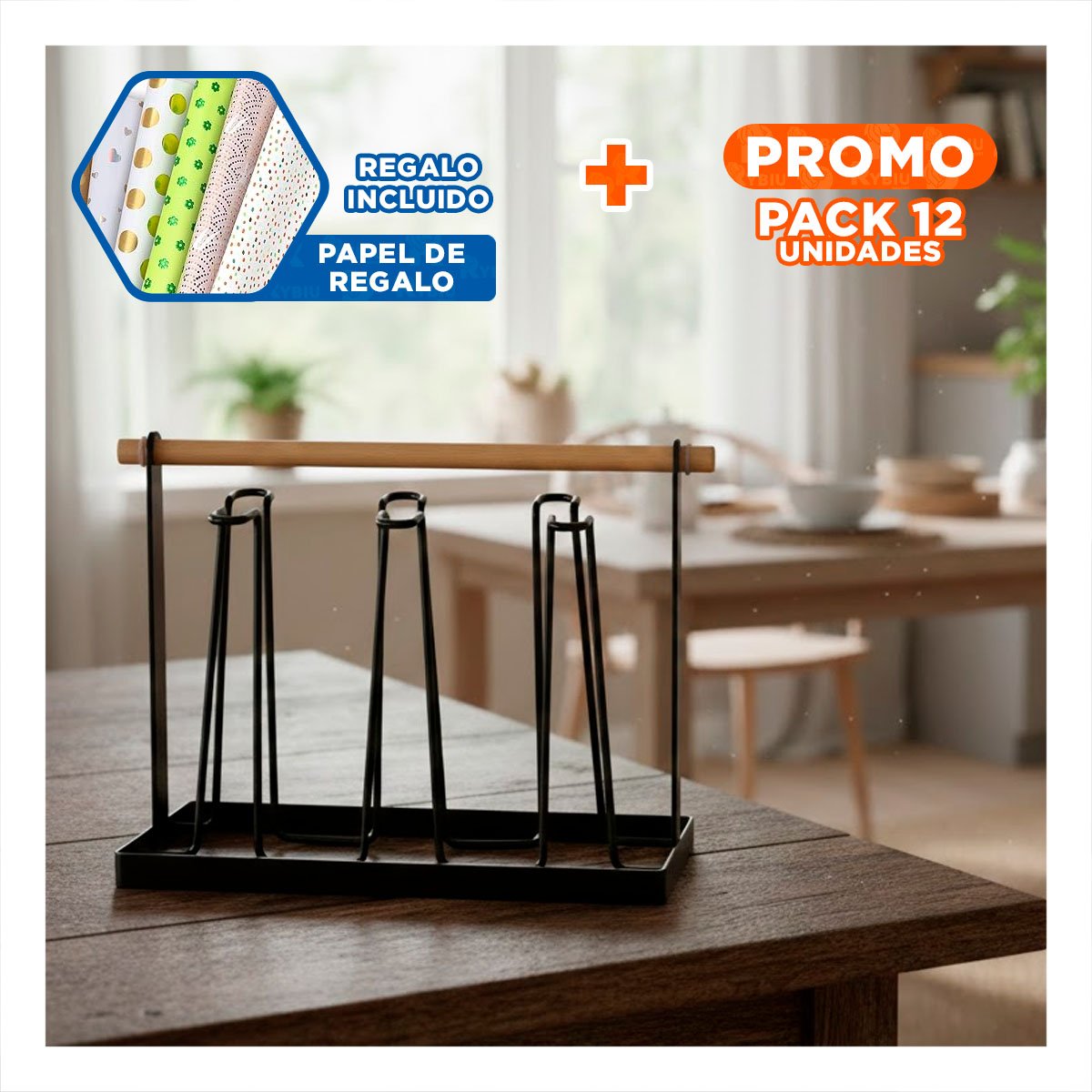 PACK12 SOPORTE DE TAZAS 6 RAMAS NEGRO CON MANGO DE MADERA Y+PAPEL REGALO - 1