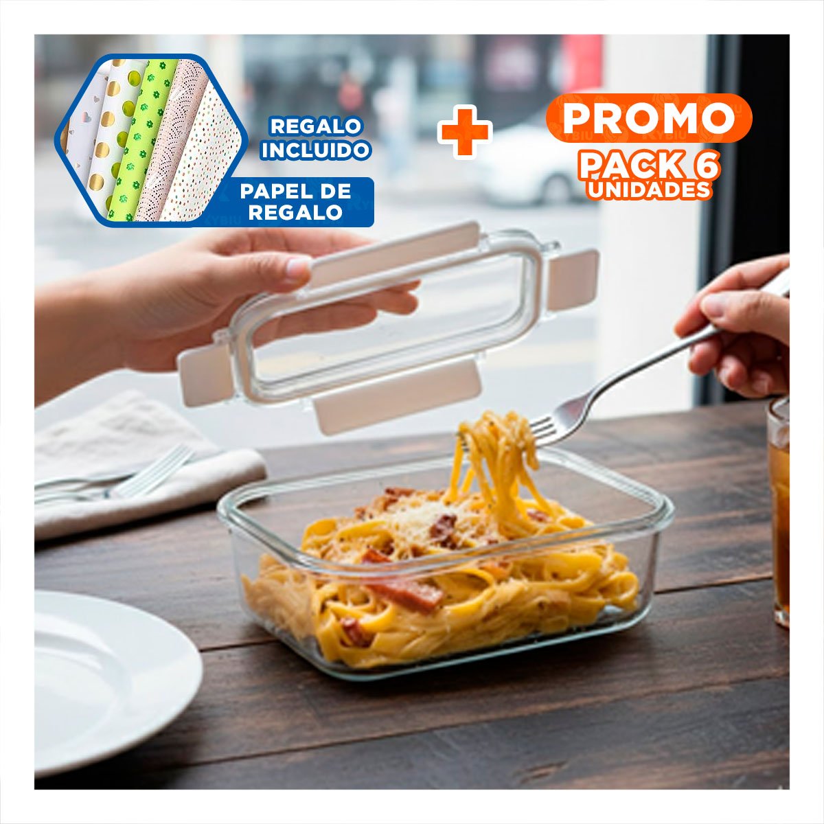 PACK6 SISTEMA DE TAPERS CON TAPA SEGURA Y CIERRE AJUSTADO TRANSPARENTE Y+PAPEL REGALO - 1