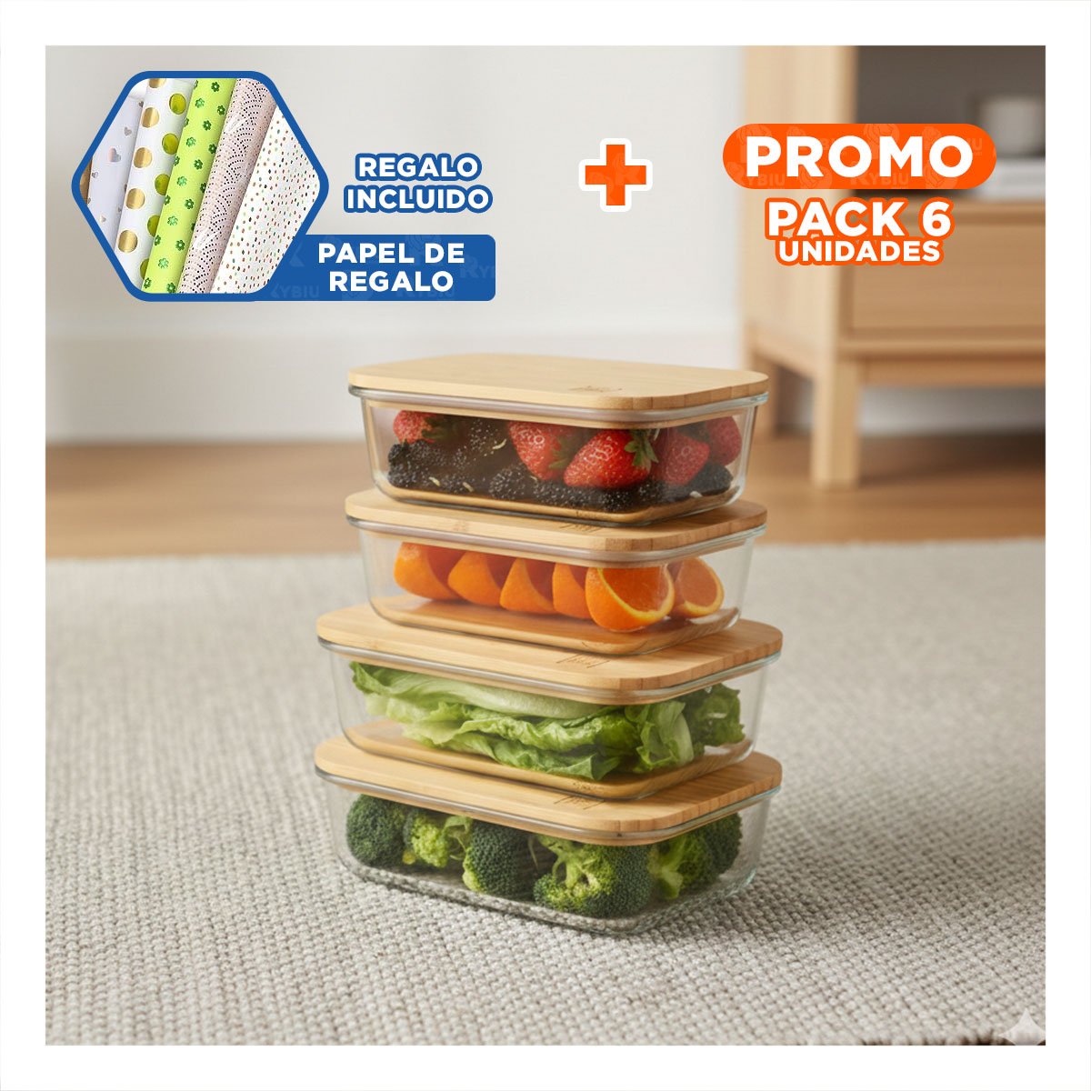 PACK6 ORGANIZADORES HERMETICOS PARA CONSERVACION 370ML 640ML 1040ML TRANSPARENTE Y+PAPEL REGALO - 1