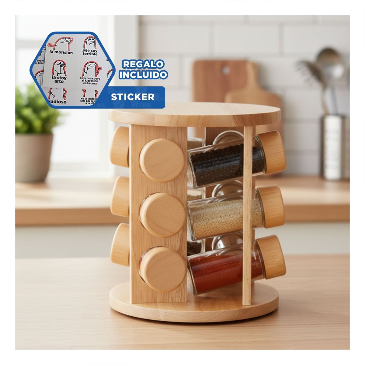 CONDIMENTERO GIRATORIO DE 12 FRASCOS EN ESTRUCTURA DE MADERA Y+REGALO STICKER - 1