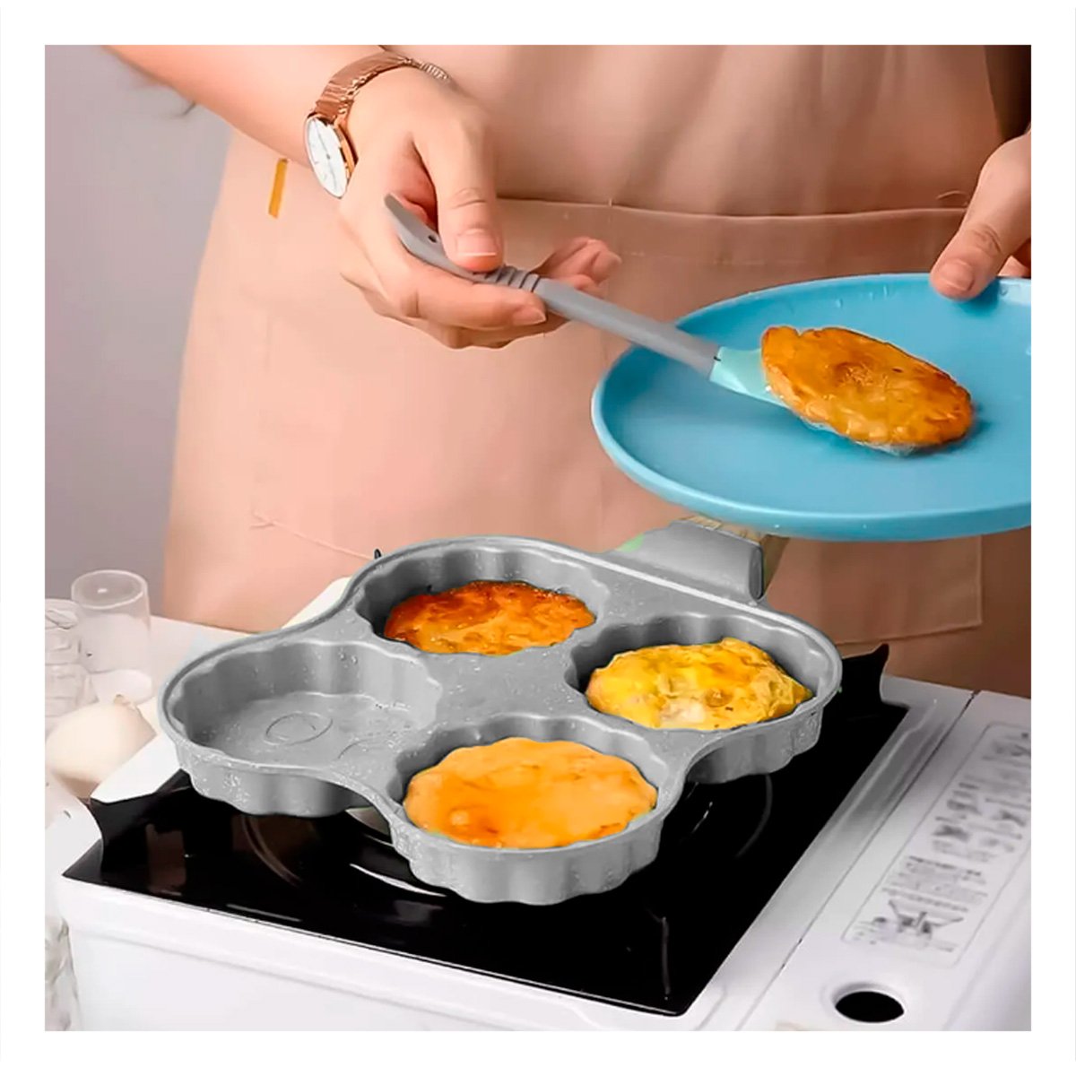 SARTEN MULTIUSO PARA DESAYUNOS RAPIDOS Y RECETAS CON MANGO DE MADERA BEIGE Y+PAPEL REGALO - 5