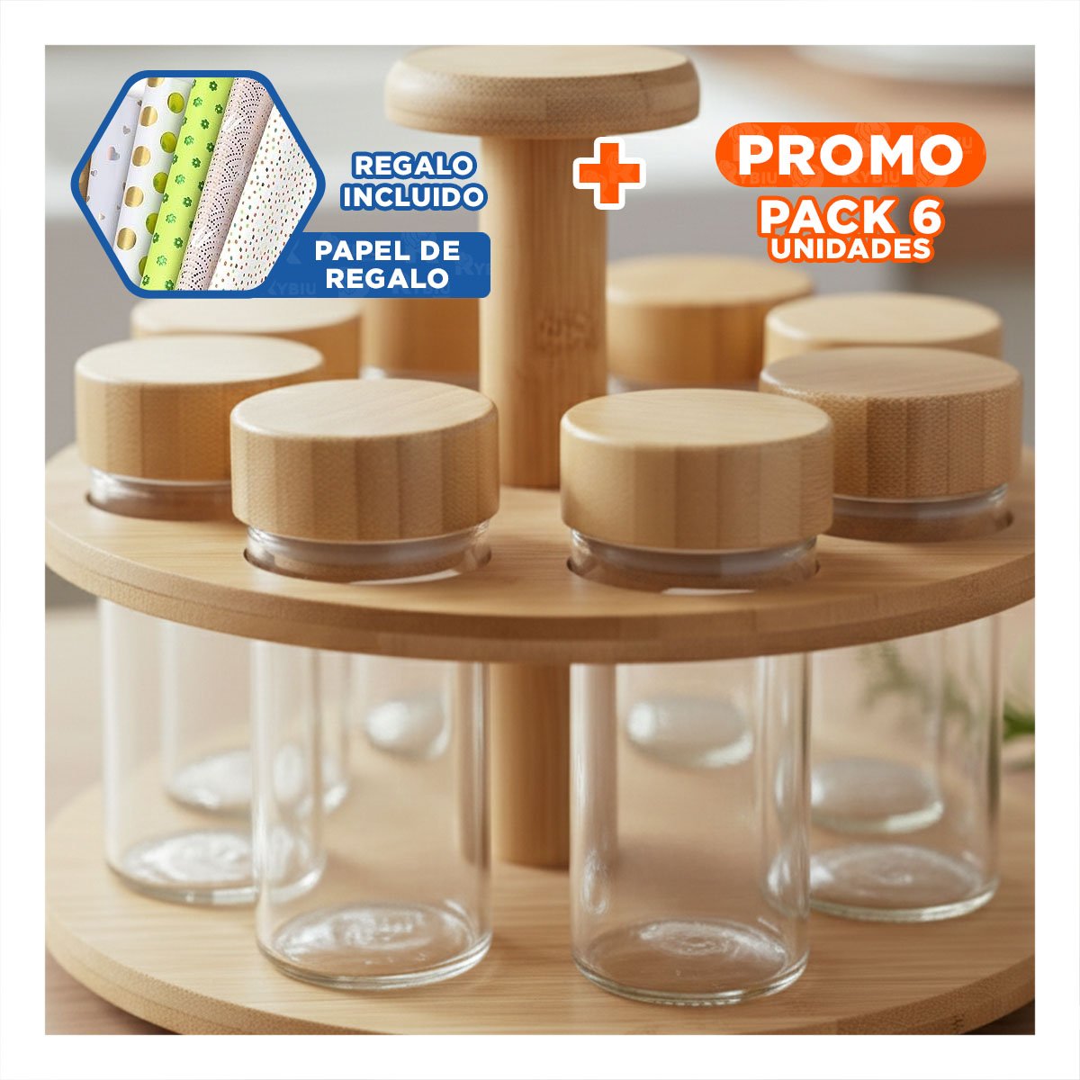 PACK6 JUEGO CON 8 FRASCOS QUE ORGANIZA COCINA Y MESA Y+PAPEL REGALO - 1
